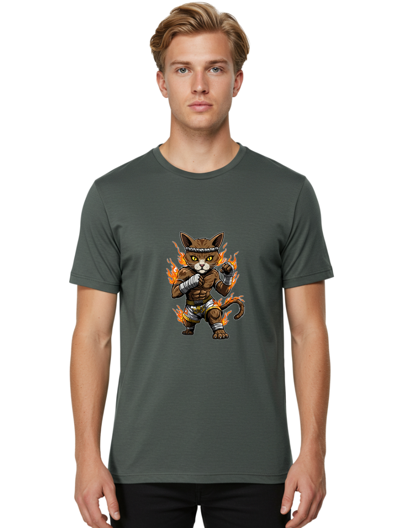 Fighter-Cat Men'S Graphic Tee, 100% Cotton, Comfortable Casual Summer Wear, Machine Washable, Cartoon Cat, Muay Thai Fighter, Martial Arts, Combat Sports, Fighting Stance, Boxing Gloves, Flames, Aggressive Posture, Anthropomorphic Cat, Bae446