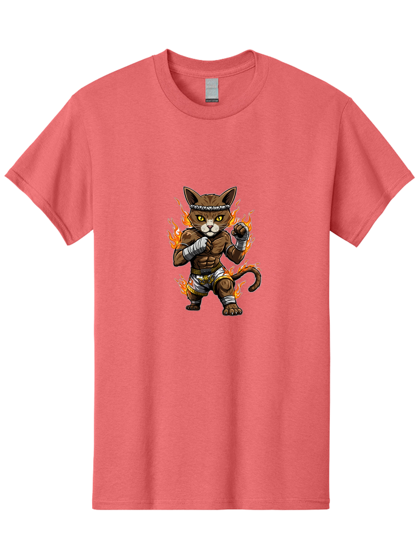 Fighter-Cat Men'S Graphic Tee, 100% Cotton, Comfortable Casual Summer Wear, Machine Washable, Cartoon Cat, Muay Thai Fighter, Martial Arts, Combat Sports, Fighting Stance, Boxing Gloves, Flames, Aggressive Posture, Anthropomorphic Cat, Bae446