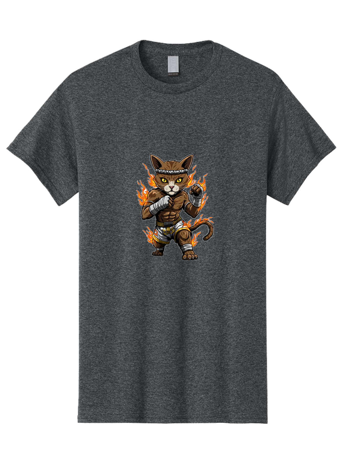 Fighter-Cat Men'S Graphic Tee, 100% Cotton, Comfortable Casual Summer Wear, Machine Washable, Cartoon Cat, Muay Thai Fighter, Martial Arts, Combat Sports, Fighting Stance, Boxing Gloves, Flames, Aggressive Posture, Anthropomorphic Cat, Bae446