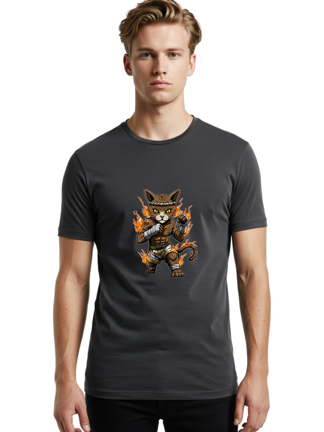 Fighter-Cat Men'S Graphic Tee, 100% Cotton, Comfortable Casual Summer Wear, Machine Washable, Cartoon Cat, Muay Thai Fighter, Martial Arts, Combat Sports, Fighting Stance, Boxing Gloves, Flames, Aggressive Posture, Anthropomorphic Cat, Bae446