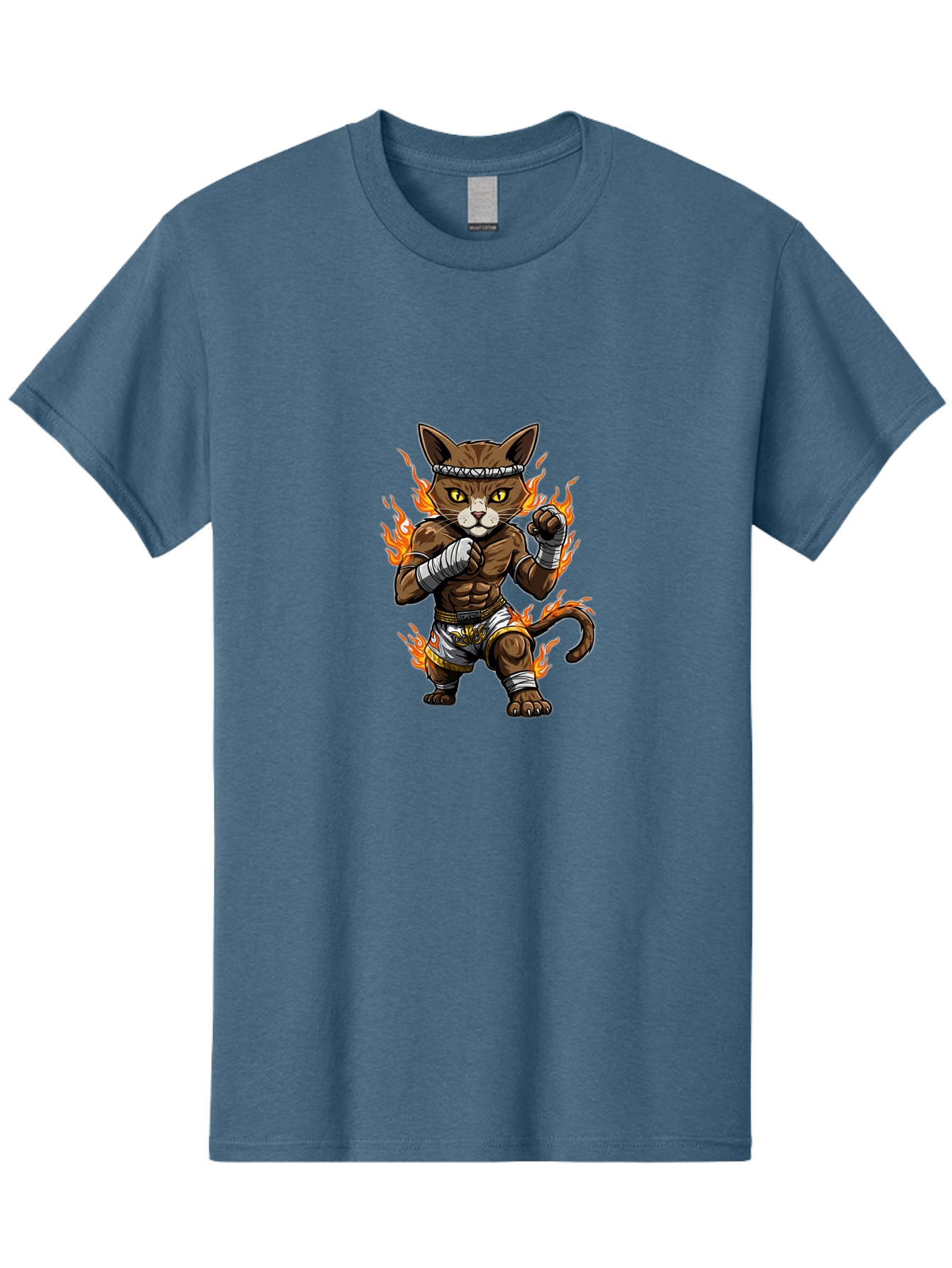 Fighter-Cat Men'S Graphic Tee, 100% Cotton, Comfortable Casual Summer Wear, Machine Washable, Cartoon Cat, Muay Thai Fighter, Martial Arts, Combat Sports, Fighting Stance, Boxing Gloves, Flames, Aggressive Posture, Anthropomorphic Cat, Bae446