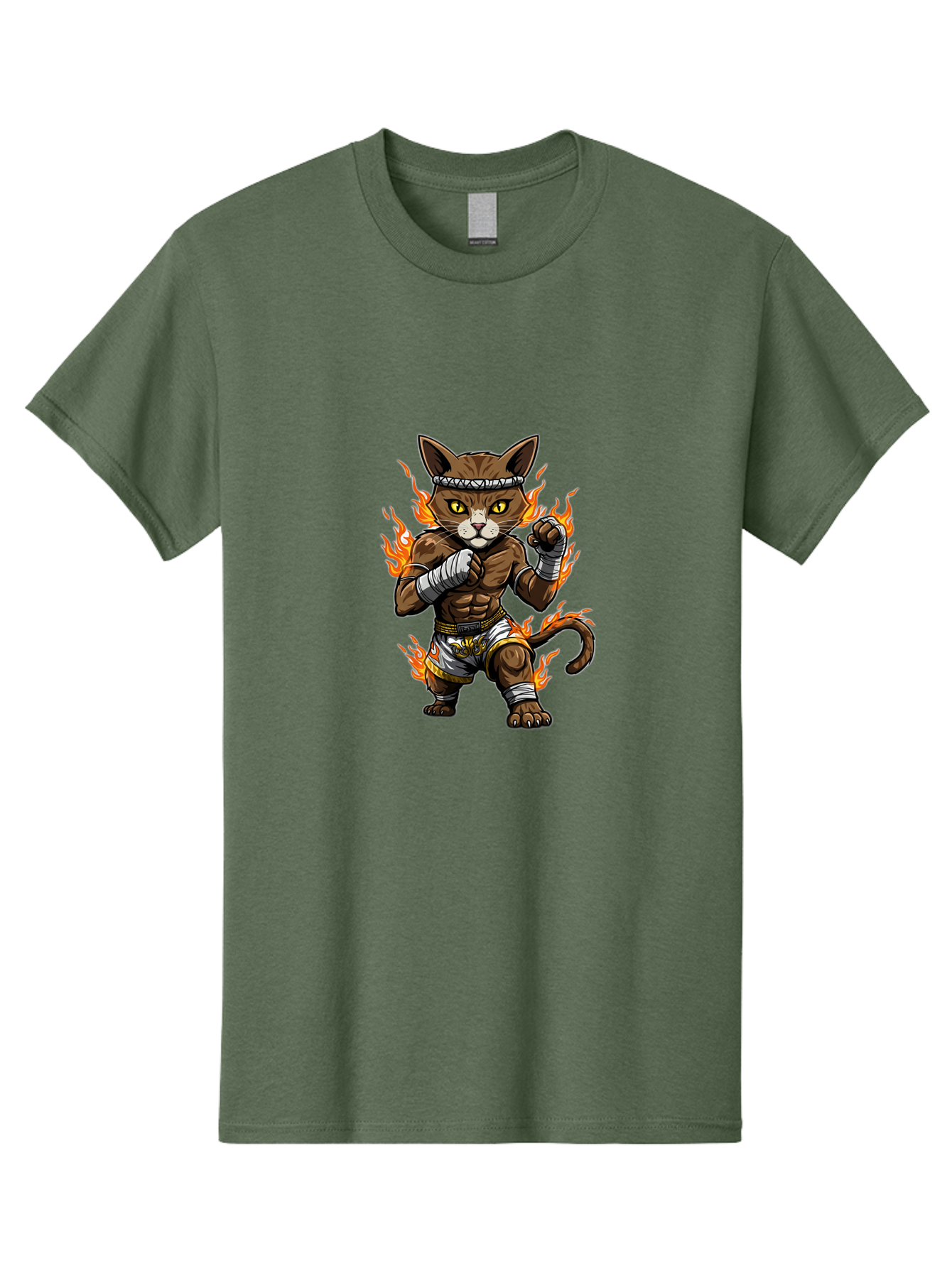 Fighter-Cat Men'S Graphic Tee, 100% Cotton, Comfortable Casual Summer Wear, Machine Washable, Cartoon Cat, Muay Thai Fighter, Martial Arts, Combat Sports, Fighting Stance, Boxing Gloves, Flames, Aggressive Posture, Anthropomorphic Cat, Bae446