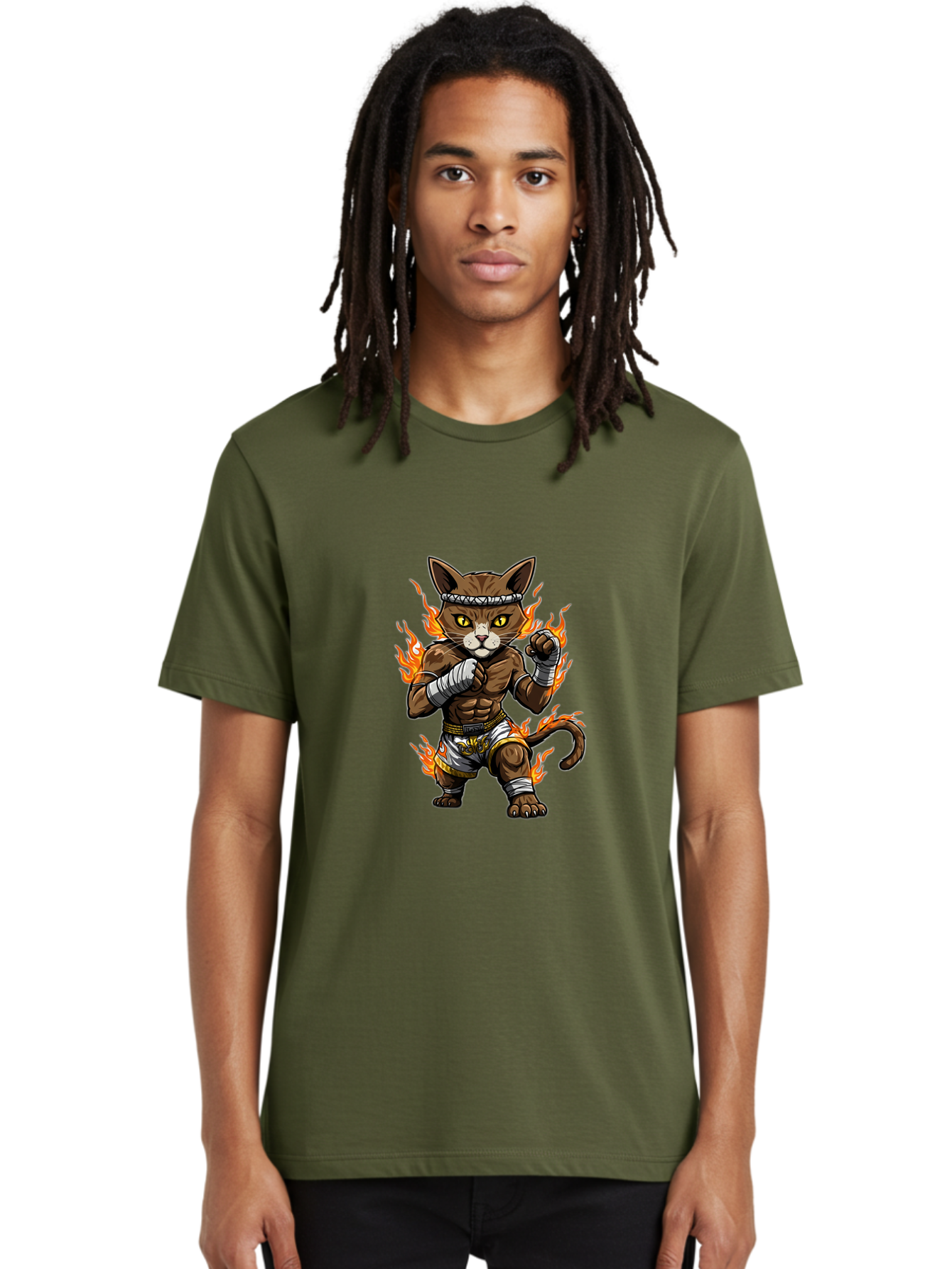 Fighter-Cat Men'S Graphic Tee, 100% Cotton, Comfortable Casual Summer Wear, Machine Washable, Cartoon Cat, Muay Thai Fighter, Martial Arts, Combat Sports, Fighting Stance, Boxing Gloves, Flames, Aggressive Posture, Anthropomorphic Cat, Bae446