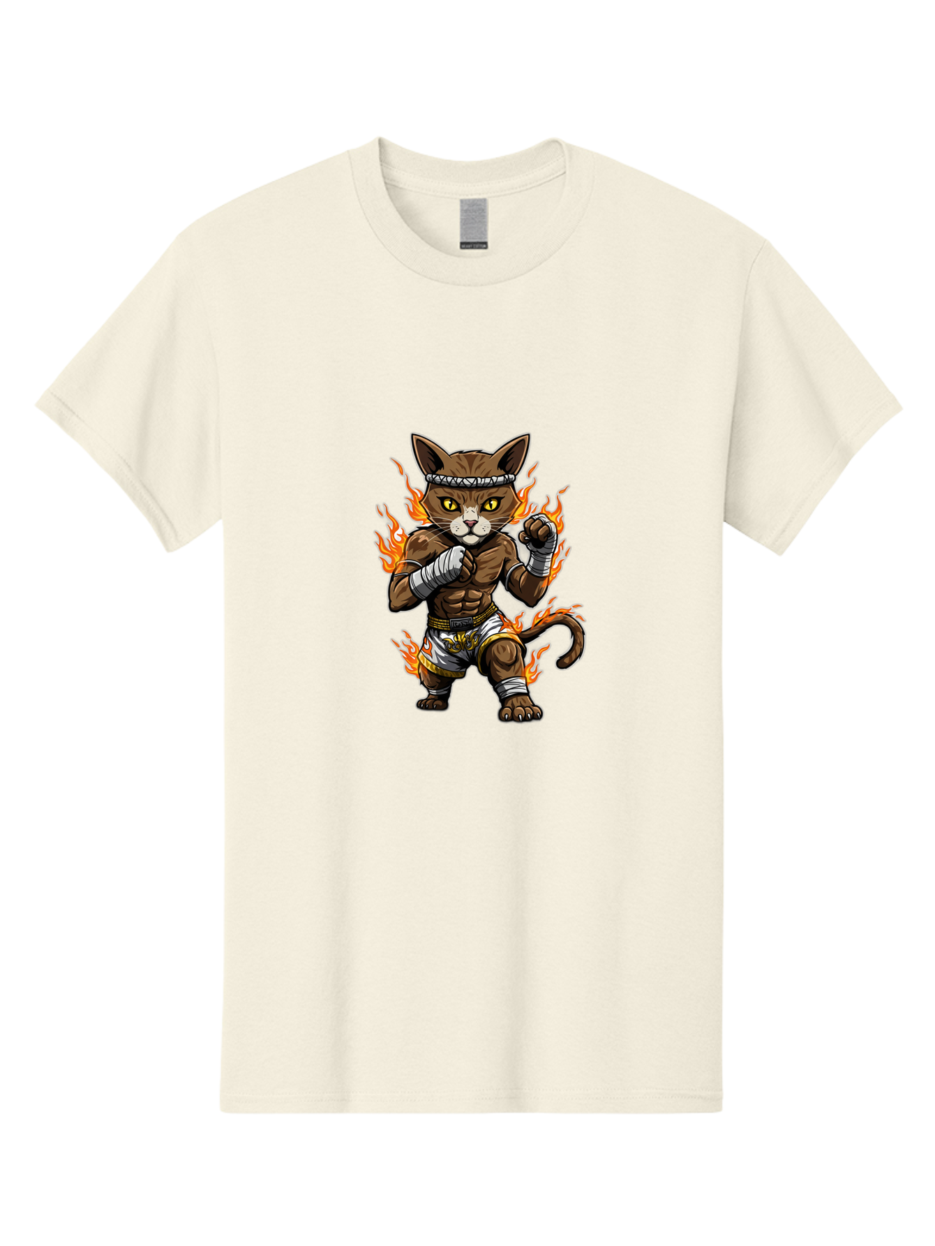 Fighter-Cat Men'S Graphic Tee, 100% Cotton, Comfortable Casual Summer Wear, Machine Washable, Cartoon Cat, Muay Thai Fighter, Martial Arts, Combat Sports, Fighting Stance, Boxing Gloves, Flames, Aggressive Posture, Anthropomorphic Cat, Bae446