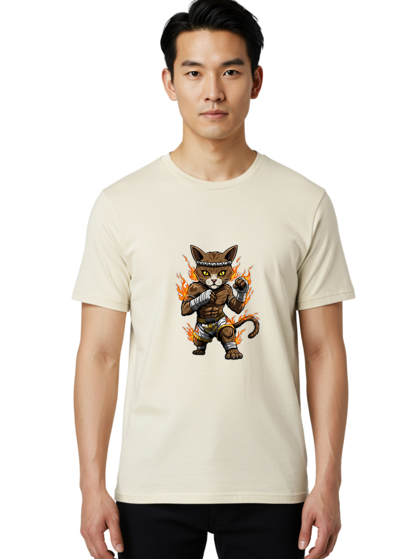 Fighter-Cat Men'S Graphic Tee, 100% Cotton, Comfortable Casual Summer Wear, Machine Washable, Cartoon Cat, Muay Thai Fighter, Martial Arts, Combat Sports, Fighting Stance, Boxing Gloves, Flames, Aggressive Posture, Anthropomorphic Cat, Bae446