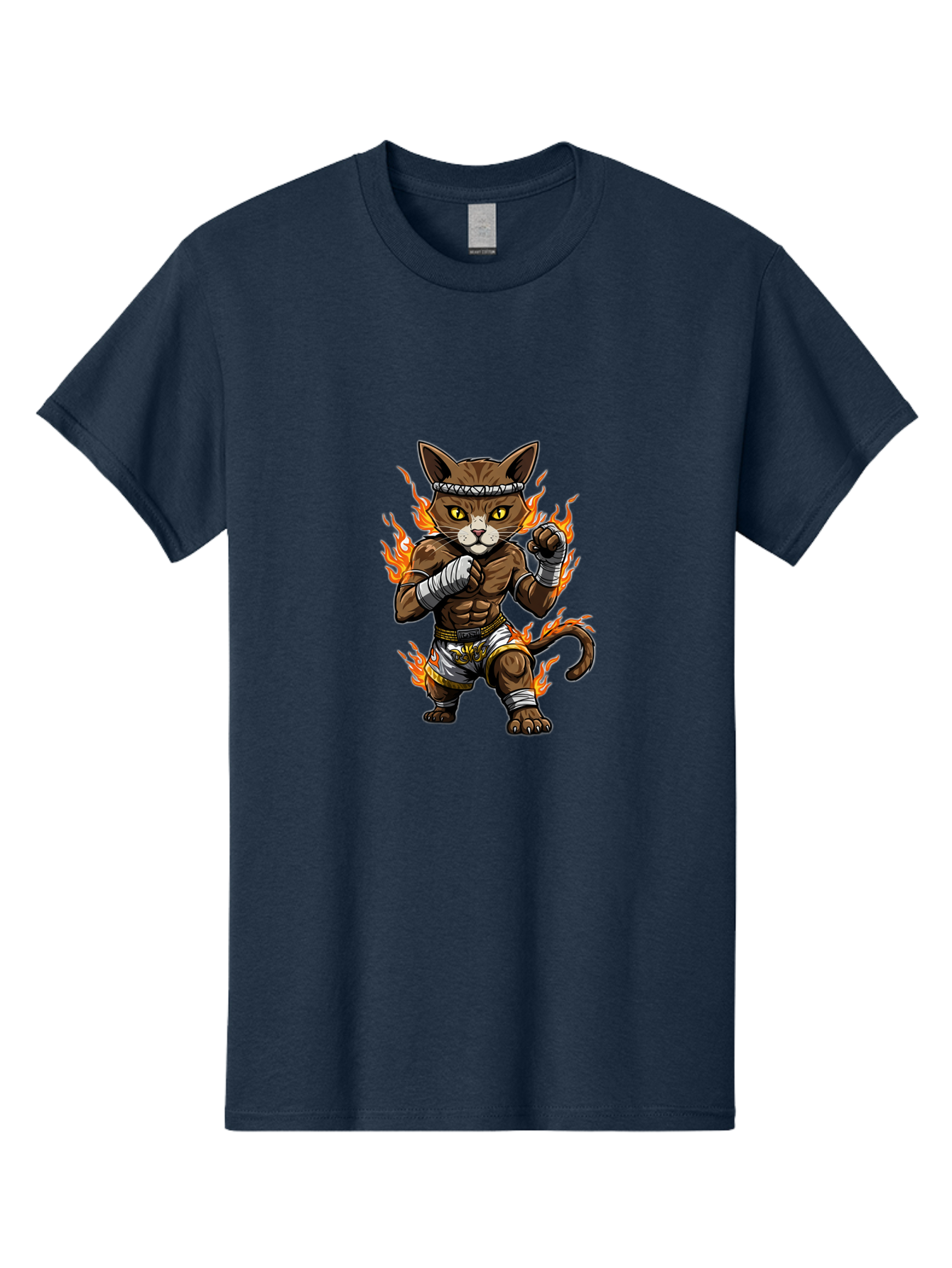 Fighter-Cat Men'S Graphic Tee, 100% Cotton, Comfortable Casual Summer Wear, Machine Washable, Cartoon Cat, Muay Thai Fighter, Martial Arts, Combat Sports, Fighting Stance, Boxing Gloves, Flames, Aggressive Posture, Anthropomorphic Cat, Bae446