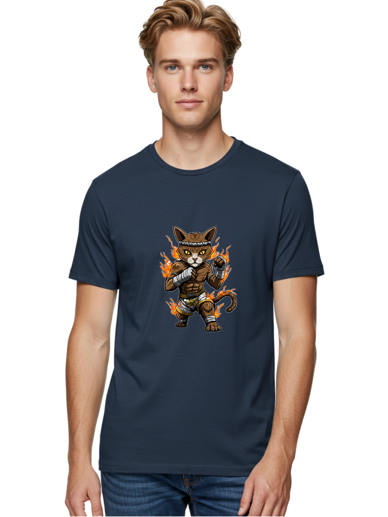 Fighter-Cat Men'S Graphic Tee, 100% Cotton, Comfortable Casual Summer Wear, Machine Washable, Cartoon Cat, Muay Thai Fighter, Martial Arts, Combat Sports, Fighting Stance, Boxing Gloves, Flames, Aggressive Posture, Anthropomorphic Cat, Bae446
