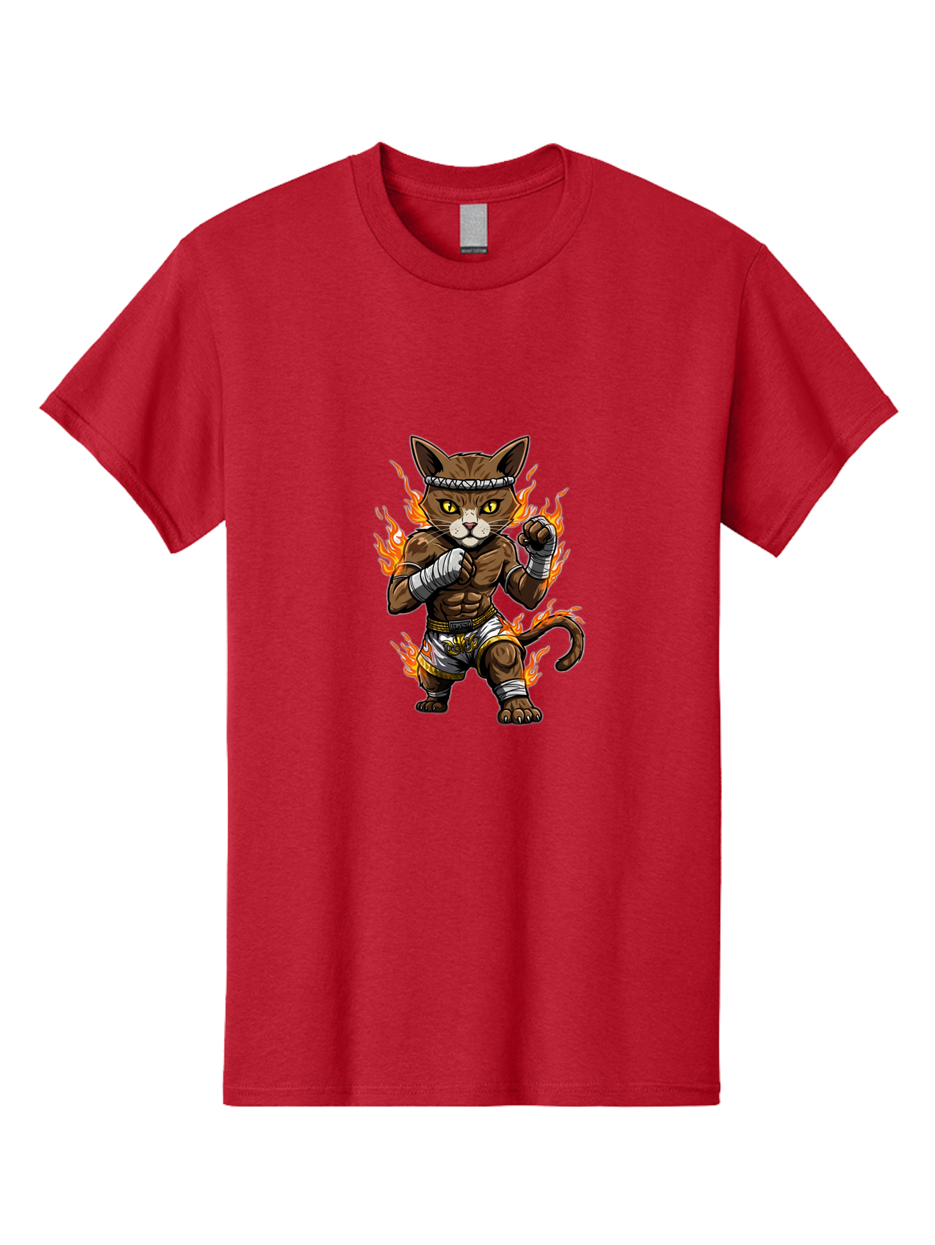 Fighter-Cat Men'S Graphic Tee, 100% Cotton, Comfortable Casual Summer Wear, Machine Washable, Cartoon Cat, Muay Thai Fighter, Martial Arts, Combat Sports, Fighting Stance, Boxing Gloves, Flames, Aggressive Posture, Anthropomorphic Cat, Bae446
