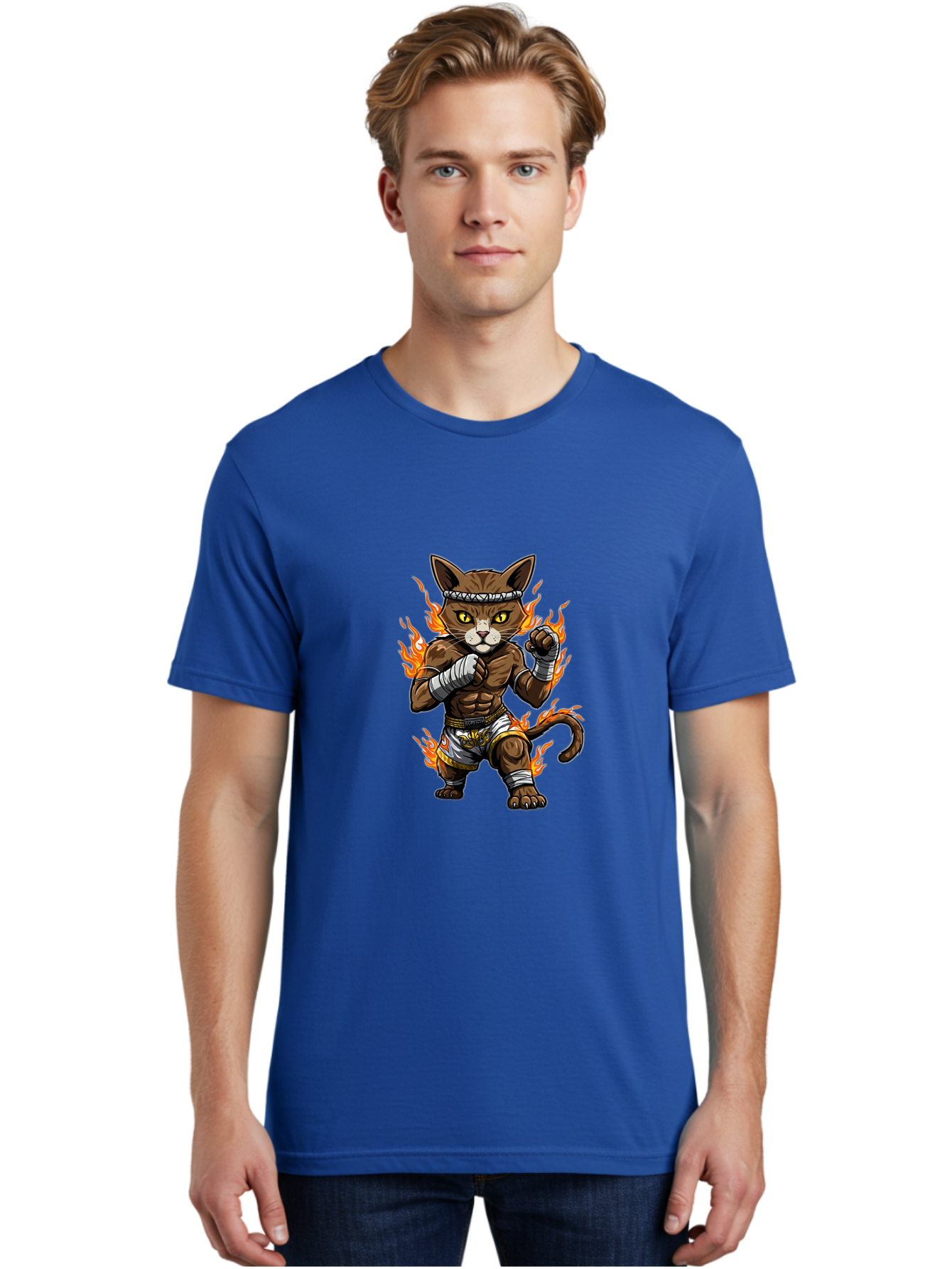 Fighter-Cat Men'S Graphic Tee, 100% Cotton, Comfortable Casual Summer Wear, Machine Washable, Cartoon Cat, Muay Thai Fighter, Martial Arts, Combat Sports, Fighting Stance, Boxing Gloves, Flames, Aggressive Posture, Anthropomorphic Cat, Bae446