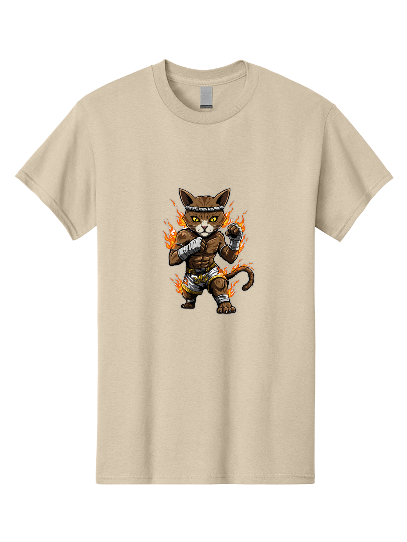 Fighter-Cat Men'S Graphic Tee, 100% Cotton, Comfortable Casual Summer Wear, Machine Washable, Cartoon Cat, Muay Thai Fighter, Martial Arts, Combat Sports, Fighting Stance, Boxing Gloves, Flames, Aggressive Posture, Anthropomorphic Cat, Bae446
