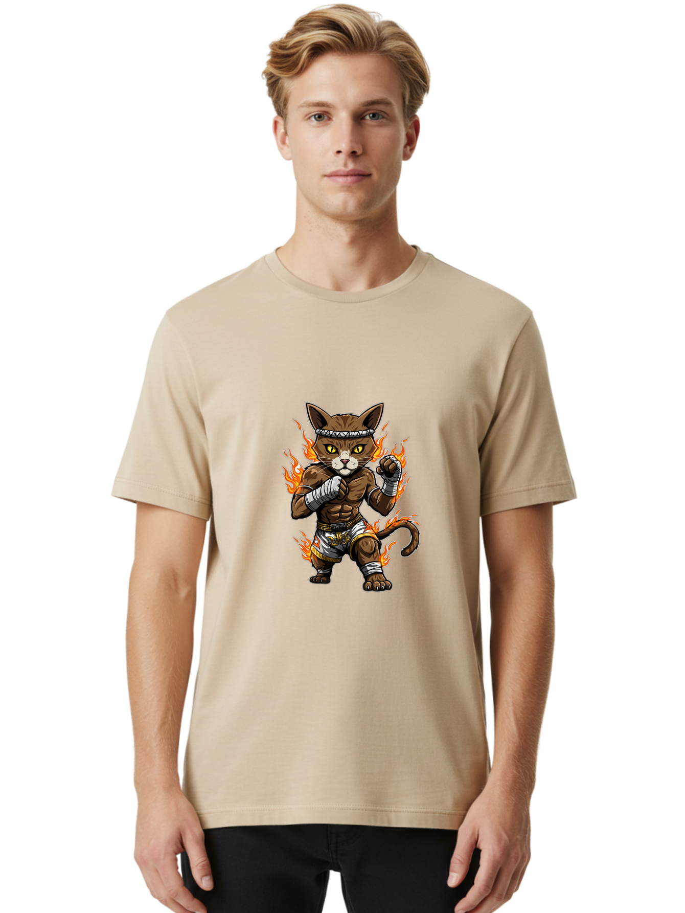 Fighter-Cat Men'S Graphic Tee, 100% Cotton, Comfortable Casual Summer Wear, Machine Washable, Cartoon Cat, Muay Thai Fighter, Martial Arts, Combat Sports, Fighting Stance, Boxing Gloves, Flames, Aggressive Posture, Anthropomorphic Cat, Bae446