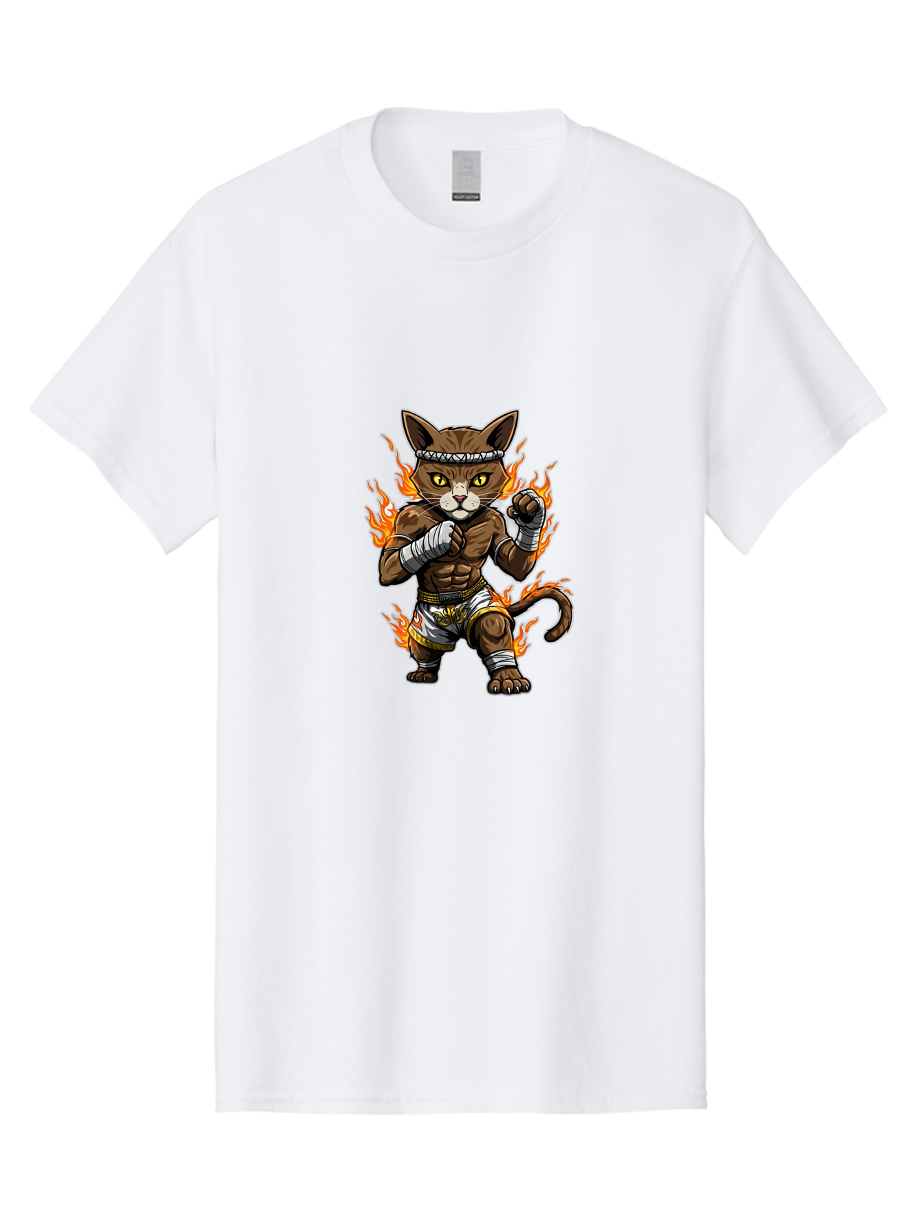 Fighter-Cat Men'S Graphic Tee, 100% Cotton, Comfortable Casual Summer Wear, Machine Washable, Cartoon Cat, Muay Thai Fighter, Martial Arts, Combat Sports, Fighting Stance, Boxing Gloves, Flames, Aggressive Posture, Anthropomorphic Cat, Bae446