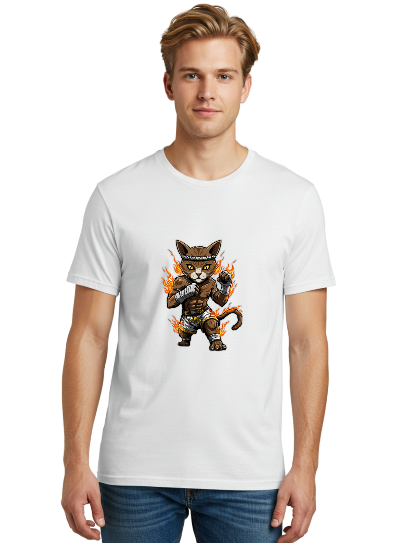 Fighter-Cat Men'S Graphic Tee, 100% Cotton, Comfortable Casual Summer Wear, Machine Washable, Cartoon Cat, Muay Thai Fighter, Martial Arts, Combat Sports, Fighting Stance, Boxing Gloves, Flames, Aggressive Posture, Anthropomorphic Cat, Bae446