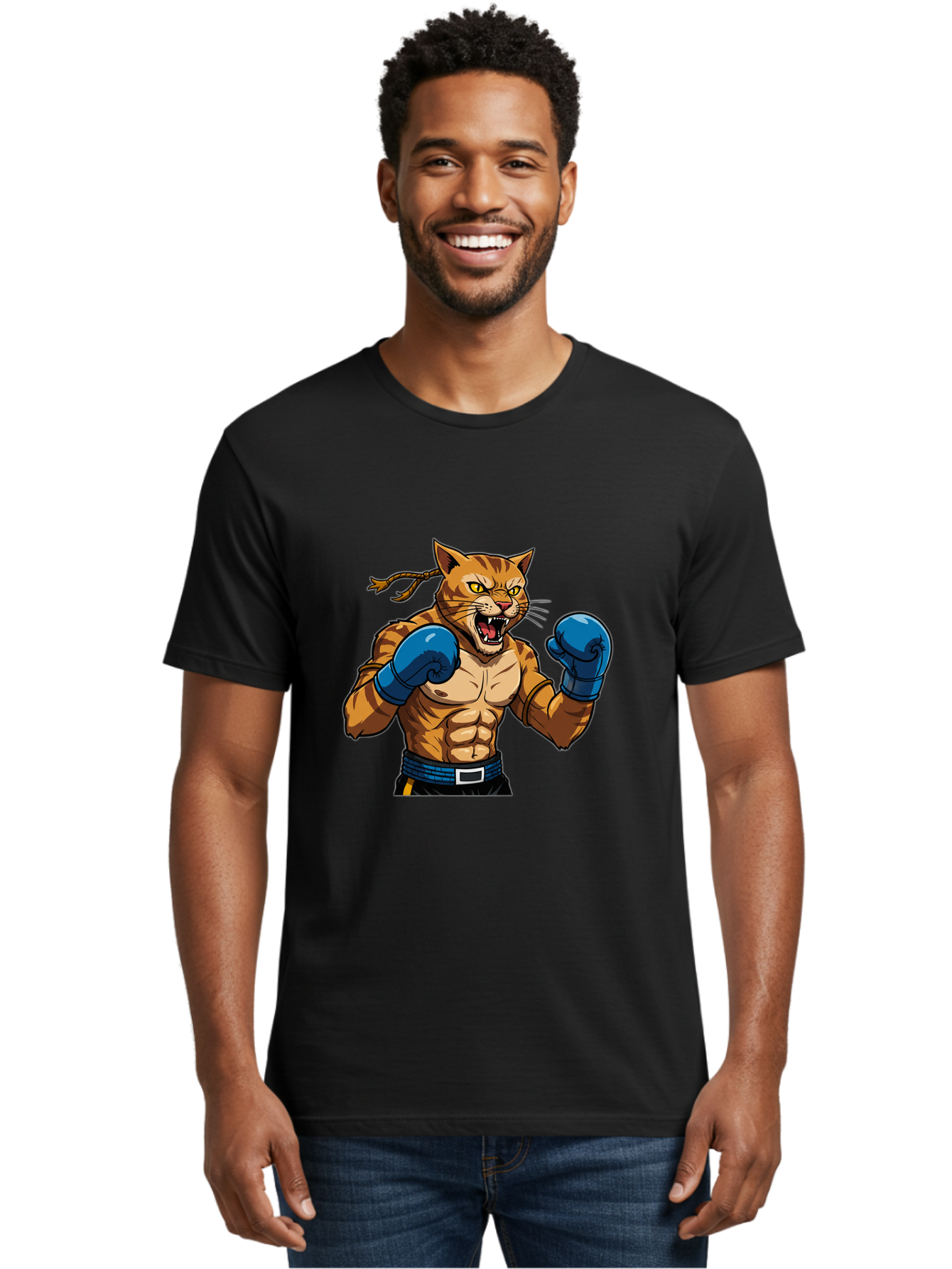 Fighting-Cat Men'S Graphic Tee, 100% Cotton, Comfortable Casual Summer Wear, Machine Washable, Muscular Cat, Boxing Gloves, Anime Style, Aggressive Stance, Fighting Cat, Cartoon Character, Strong Cat, Determined Expression, Braided Hair, Bae447