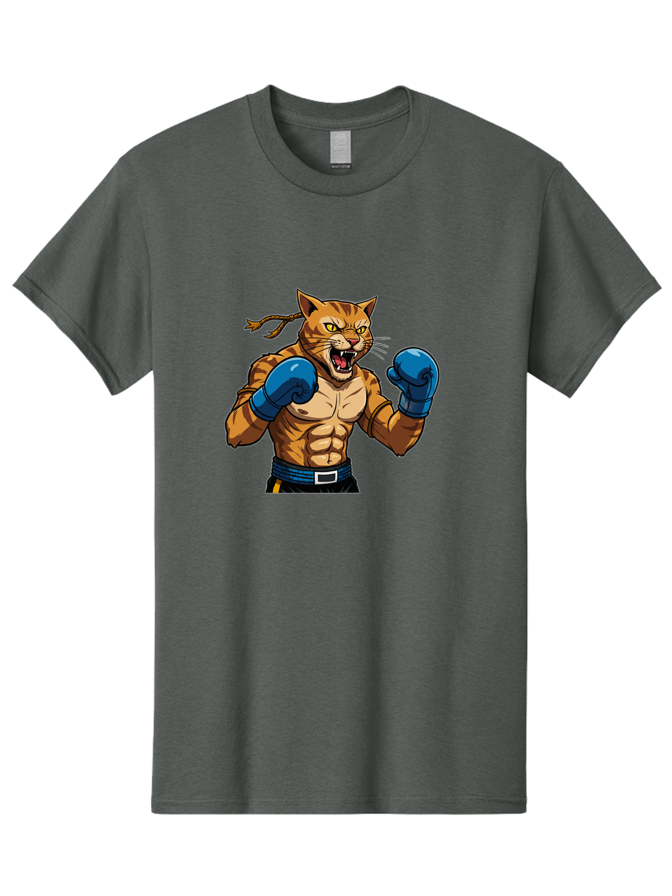 Fighting-Cat Men'S Graphic Tee, 100% Cotton, Comfortable Casual Summer Wear, Machine Washable, Muscular Cat, Boxing Gloves, Anime Style, Aggressive Stance, Fighting Cat, Cartoon Character, Strong Cat, Determined Expression, Braided Hair, Bae447