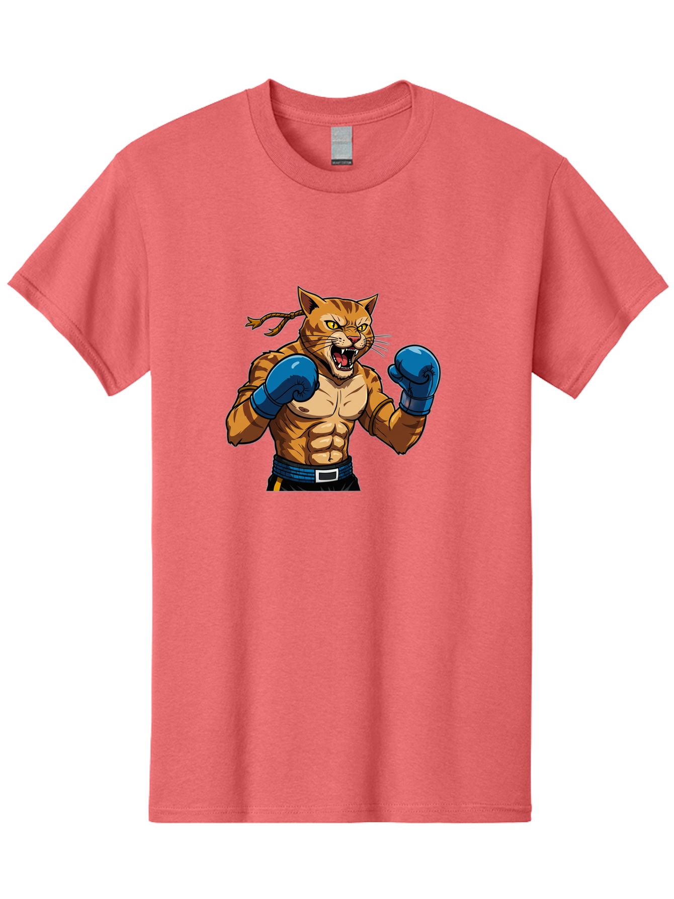Fighting-Cat Men'S Graphic Tee, 100% Cotton, Comfortable Casual Summer Wear, Machine Washable, Muscular Cat, Boxing Gloves, Anime Style, Aggressive Stance, Fighting Cat, Cartoon Character, Strong Cat, Determined Expression, Braided Hair, Bae447