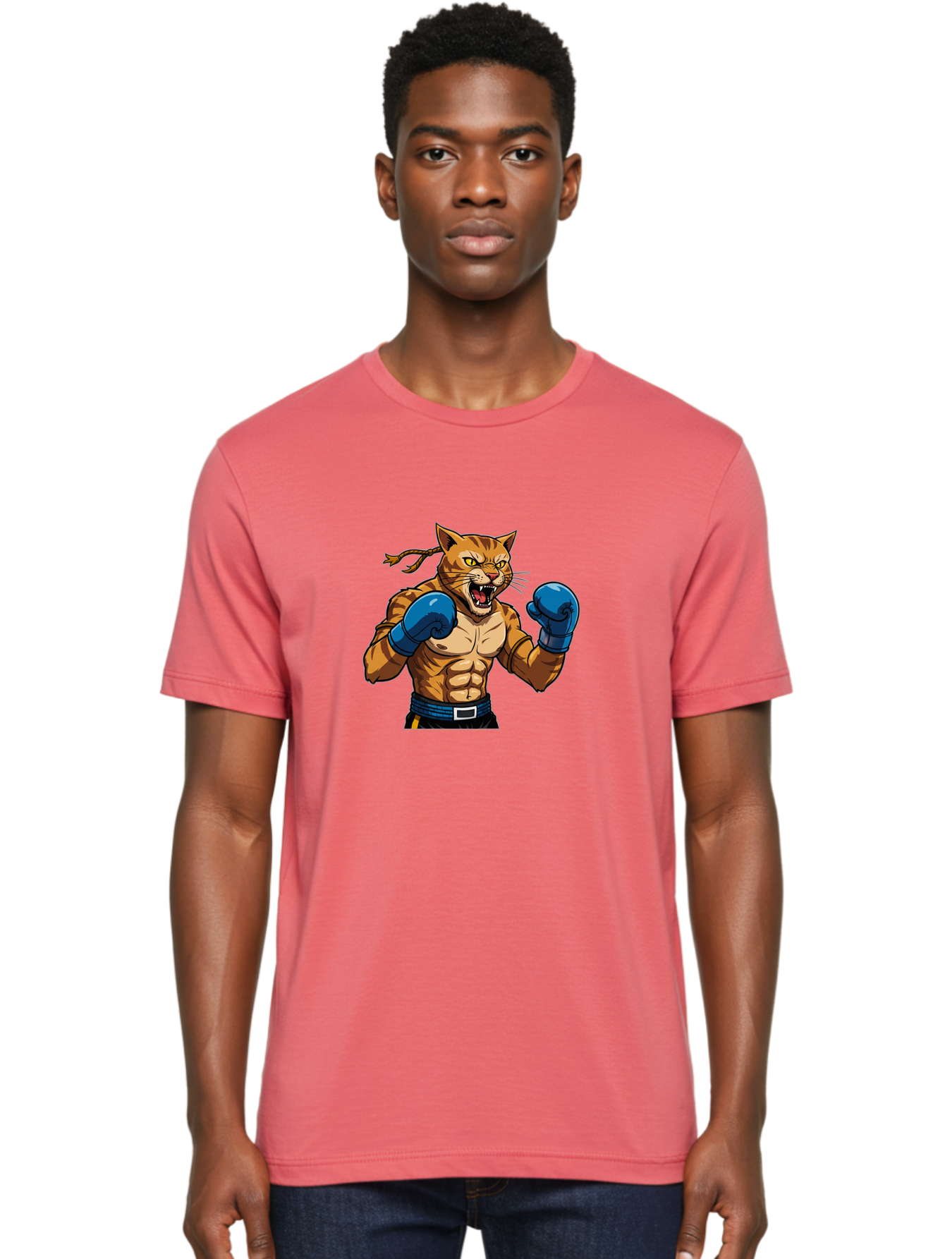Fighting-Cat Men'S Graphic Tee, 100% Cotton, Comfortable Casual Summer Wear, Machine Washable, Muscular Cat, Boxing Gloves, Anime Style, Aggressive Stance, Fighting Cat, Cartoon Character, Strong Cat, Determined Expression, Braided Hair, Bae447