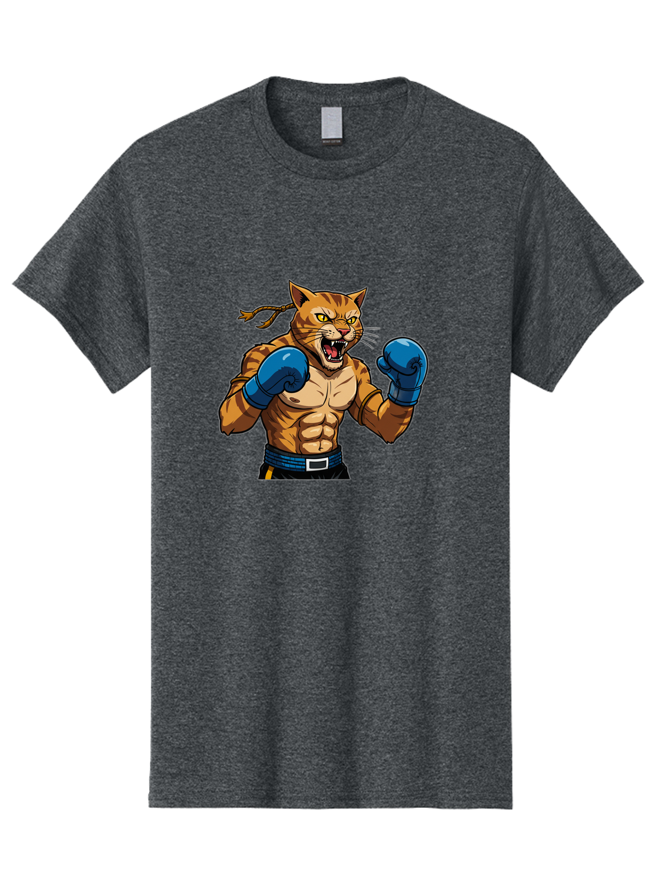 Fighting-Cat Men'S Graphic Tee, 100% Cotton, Comfortable Casual Summer Wear, Machine Washable, Muscular Cat, Boxing Gloves, Anime Style, Aggressive Stance, Fighting Cat, Cartoon Character, Strong Cat, Determined Expression, Braided Hair, Bae447