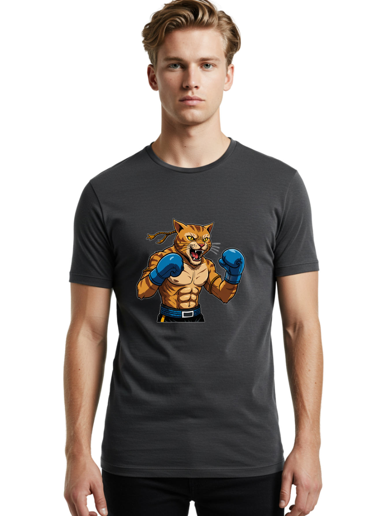 Fighting-Cat Men'S Graphic Tee, 100% Cotton, Comfortable Casual Summer Wear, Machine Washable, Muscular Cat, Boxing Gloves, Anime Style, Aggressive Stance, Fighting Cat, Cartoon Character, Strong Cat, Determined Expression, Braided Hair, Bae447