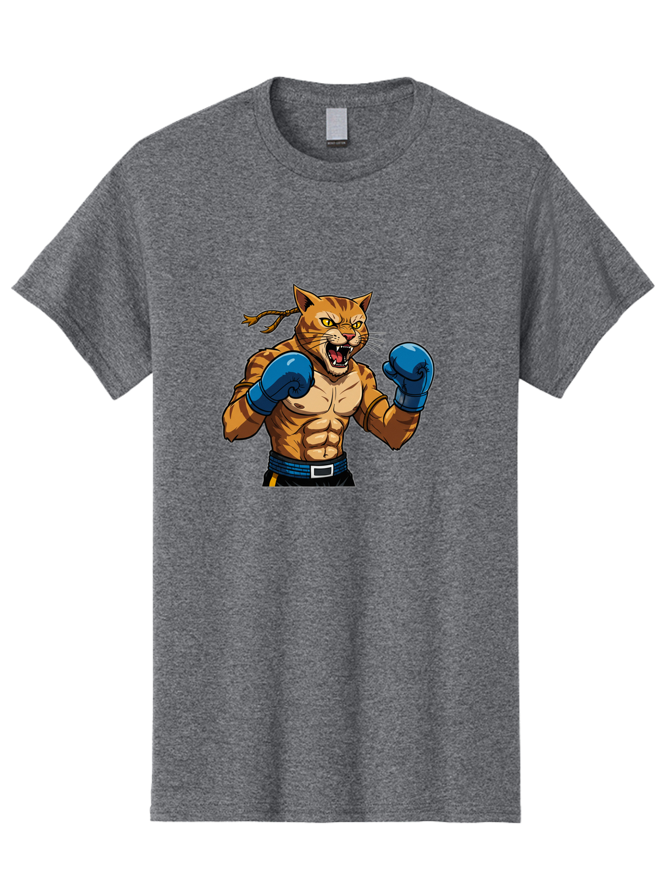 Fighting-Cat Men'S Graphic Tee, 100% Cotton, Comfortable Casual Summer Wear, Machine Washable, Muscular Cat, Boxing Gloves, Anime Style, Aggressive Stance, Fighting Cat, Cartoon Character, Strong Cat, Determined Expression, Braided Hair, Bae447