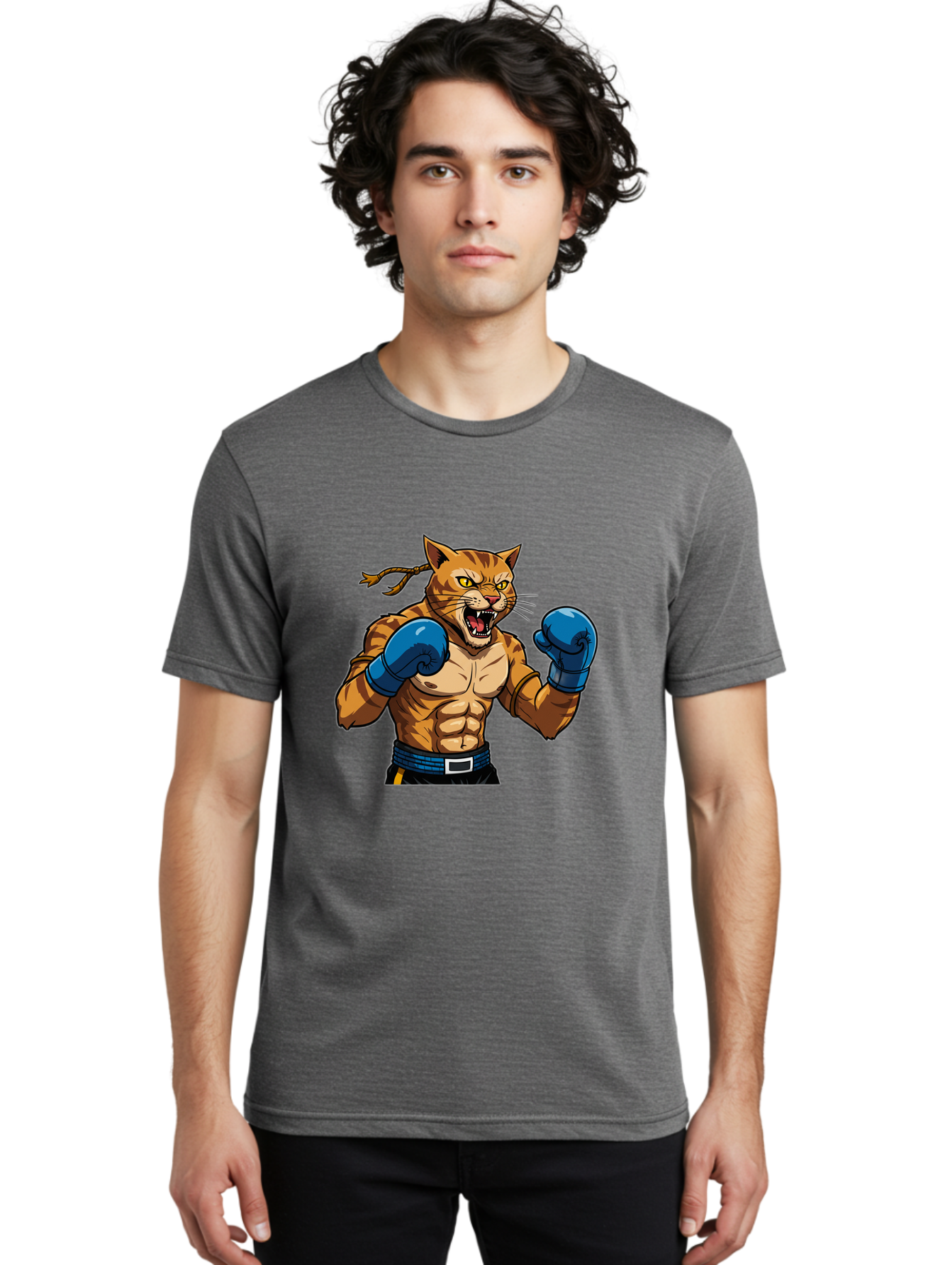 Fighting-Cat Men'S Graphic Tee, 100% Cotton, Comfortable Casual Summer Wear, Machine Washable, Muscular Cat, Boxing Gloves, Anime Style, Aggressive Stance, Fighting Cat, Cartoon Character, Strong Cat, Determined Expression, Braided Hair, Bae447
