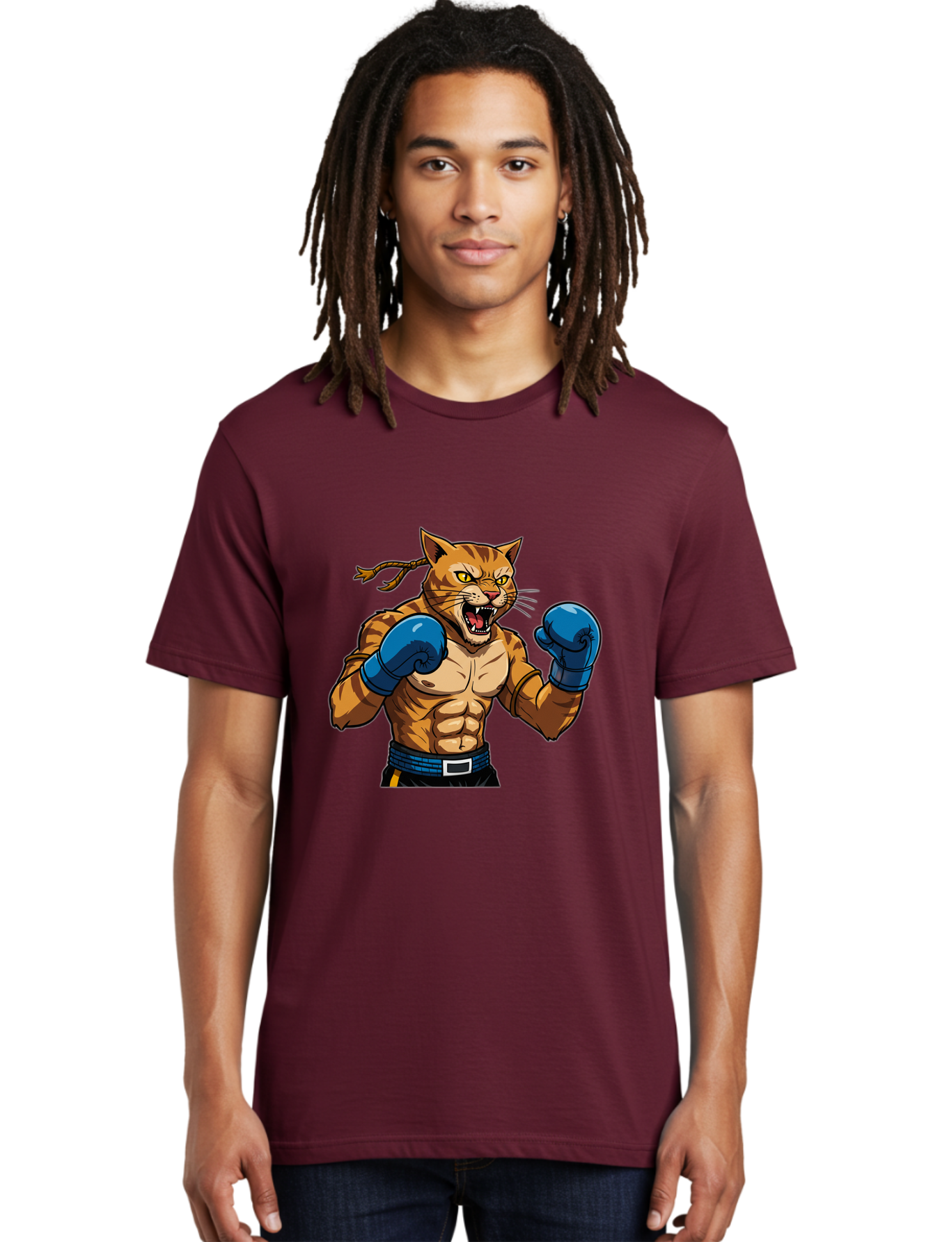 Fighting-Cat Men'S Graphic Tee, 100% Cotton, Comfortable Casual Summer Wear, Machine Washable, Muscular Cat, Boxing Gloves, Anime Style, Aggressive Stance, Fighting Cat, Cartoon Character, Strong Cat, Determined Expression, Braided Hair, Bae447