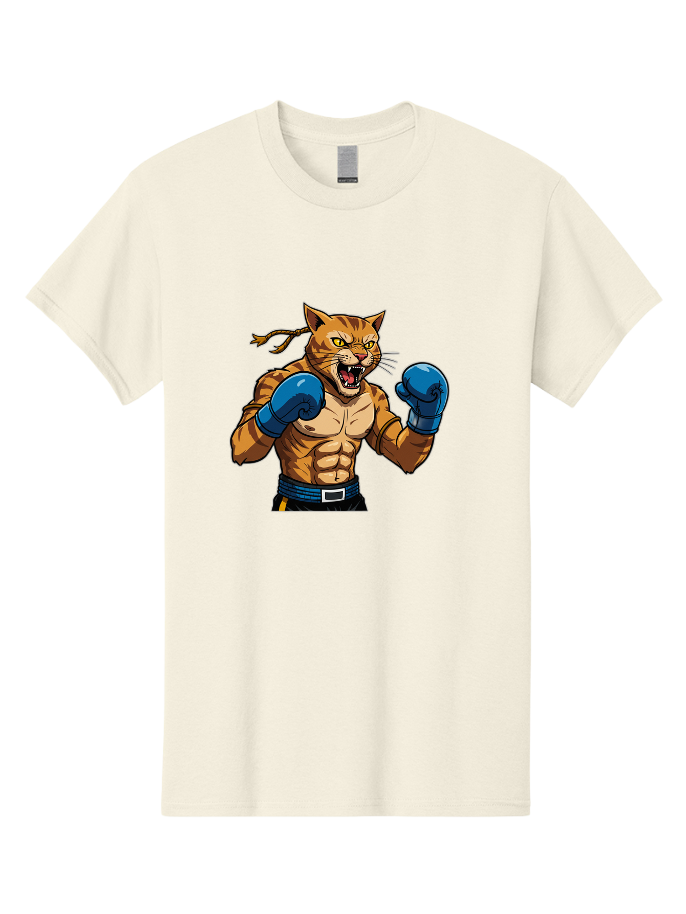 Fighting-Cat Men'S Graphic Tee, 100% Cotton, Comfortable Casual Summer Wear, Machine Washable, Muscular Cat, Boxing Gloves, Anime Style, Aggressive Stance, Fighting Cat, Cartoon Character, Strong Cat, Determined Expression, Braided Hair, Bae447