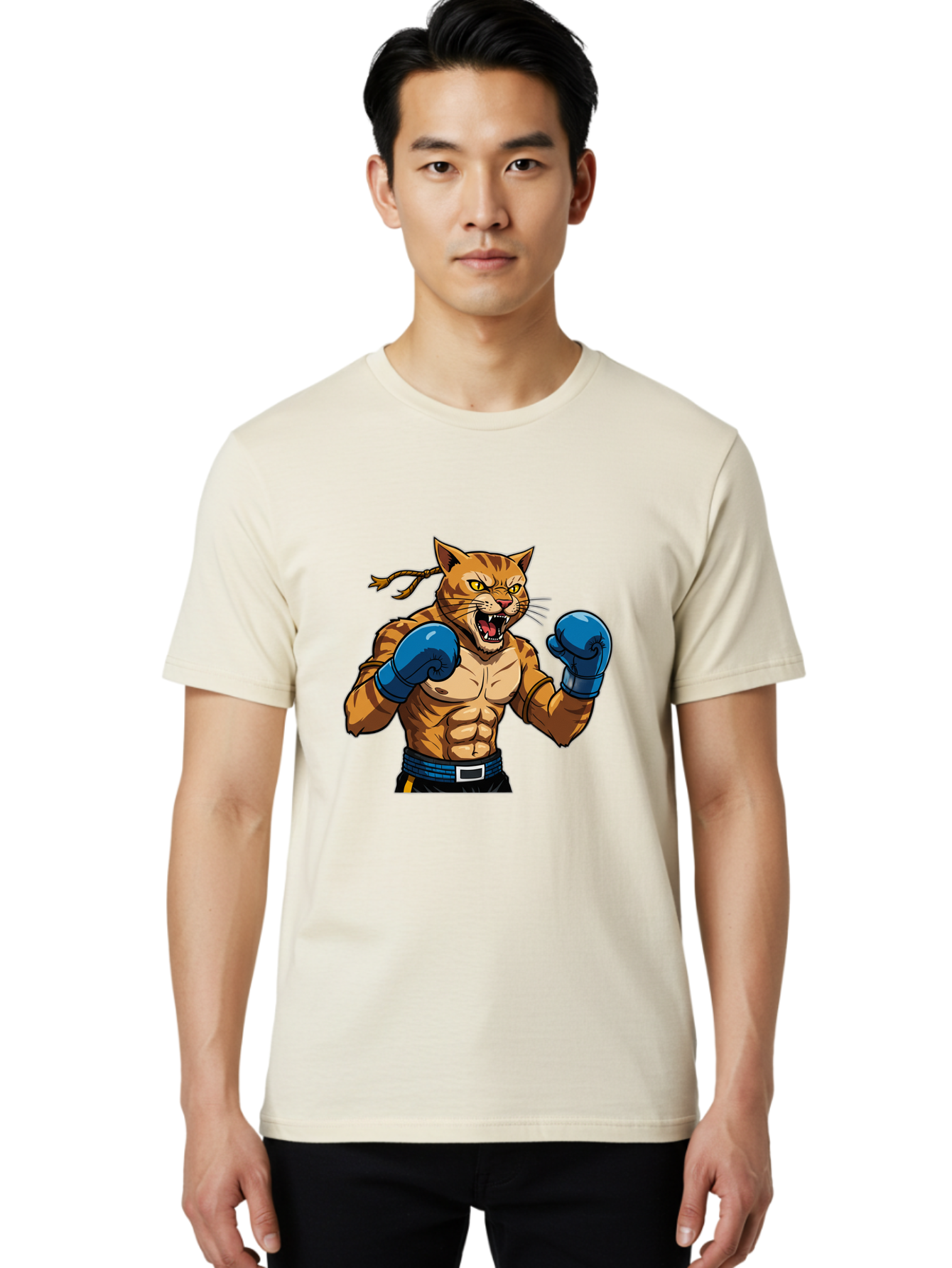 Fighting-Cat Men'S Graphic Tee, 100% Cotton, Comfortable Casual Summer Wear, Machine Washable, Muscular Cat, Boxing Gloves, Anime Style, Aggressive Stance, Fighting Cat, Cartoon Character, Strong Cat, Determined Expression, Braided Hair, Bae447