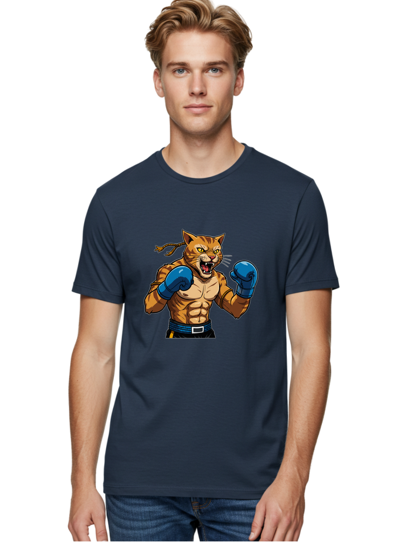 Fighting-Cat Men'S Graphic Tee, 100% Cotton, Comfortable Casual Summer Wear, Machine Washable, Muscular Cat, Boxing Gloves, Anime Style, Aggressive Stance, Fighting Cat, Cartoon Character, Strong Cat, Determined Expression, Braided Hair, Bae447
