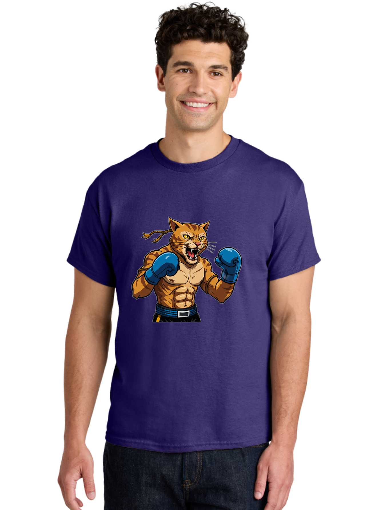 Fighting-Cat Men'S Graphic Tee, 100% Cotton, Comfortable Casual Summer Wear, Machine Washable, Muscular Cat, Boxing Gloves, Anime Style, Aggressive Stance, Fighting Cat, Cartoon Character, Strong Cat, Determined Expression, Braided Hair, Bae447