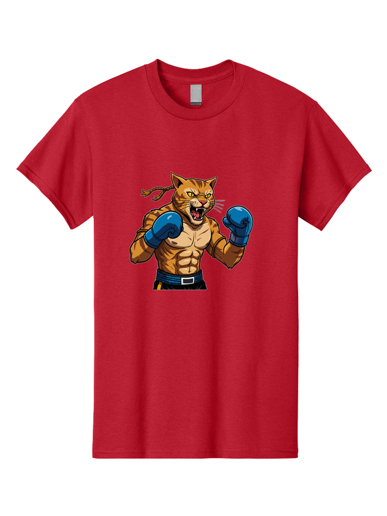 Fighting-Cat Men'S Graphic Tee, 100% Cotton, Comfortable Casual Summer Wear, Machine Washable, Muscular Cat, Boxing Gloves, Anime Style, Aggressive Stance, Fighting Cat, Cartoon Character, Strong Cat, Determined Expression, Braided Hair, Bae447