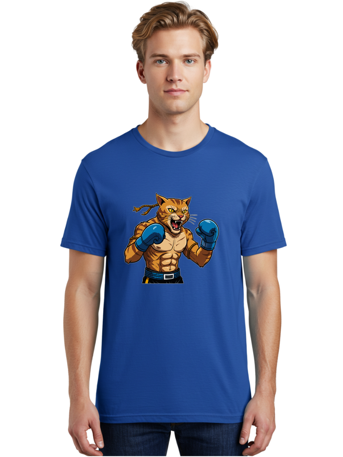 Fighting-Cat Men'S Graphic Tee, 100% Cotton, Comfortable Casual Summer Wear, Machine Washable, Muscular Cat, Boxing Gloves, Anime Style, Aggressive Stance, Fighting Cat, Cartoon Character, Strong Cat, Determined Expression, Braided Hair, Bae447