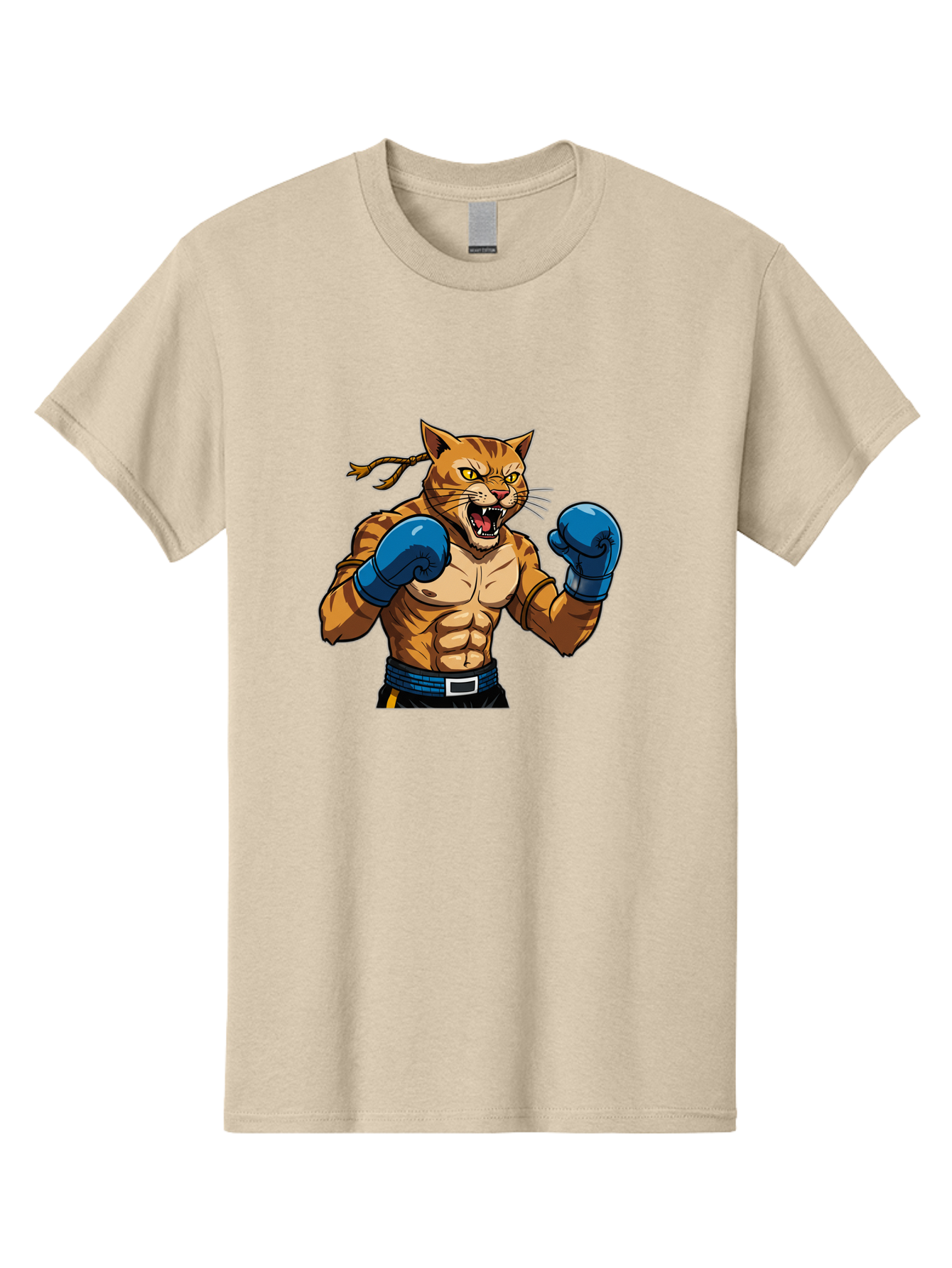 Fighting-Cat Men'S Graphic Tee, 100% Cotton, Comfortable Casual Summer Wear, Machine Washable, Muscular Cat, Boxing Gloves, Anime Style, Aggressive Stance, Fighting Cat, Cartoon Character, Strong Cat, Determined Expression, Braided Hair, Bae447