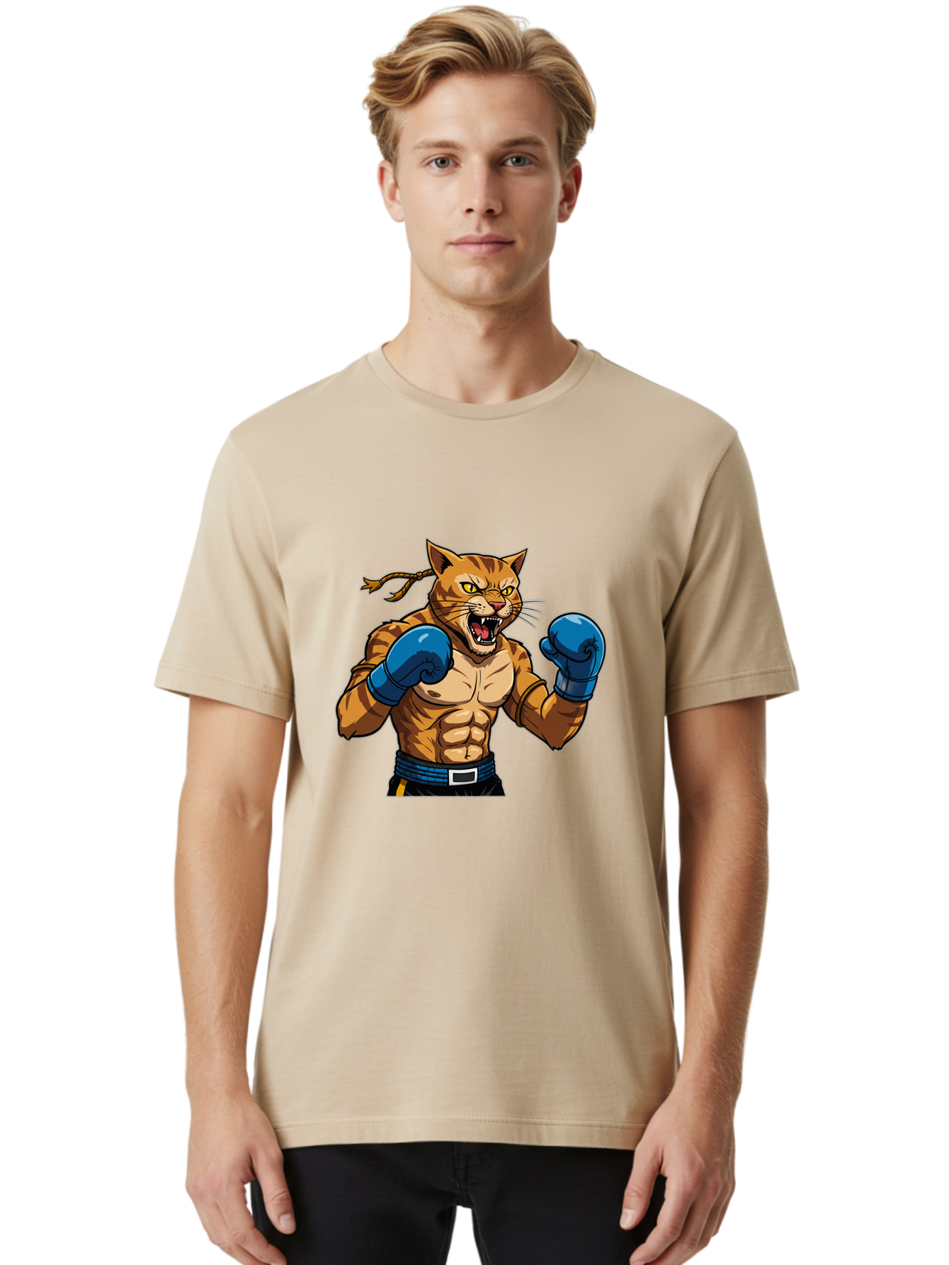 Fighting-Cat Men'S Graphic Tee, 100% Cotton, Comfortable Casual Summer Wear, Machine Washable, Muscular Cat, Boxing Gloves, Anime Style, Aggressive Stance, Fighting Cat, Cartoon Character, Strong Cat, Determined Expression, Braided Hair, Bae447