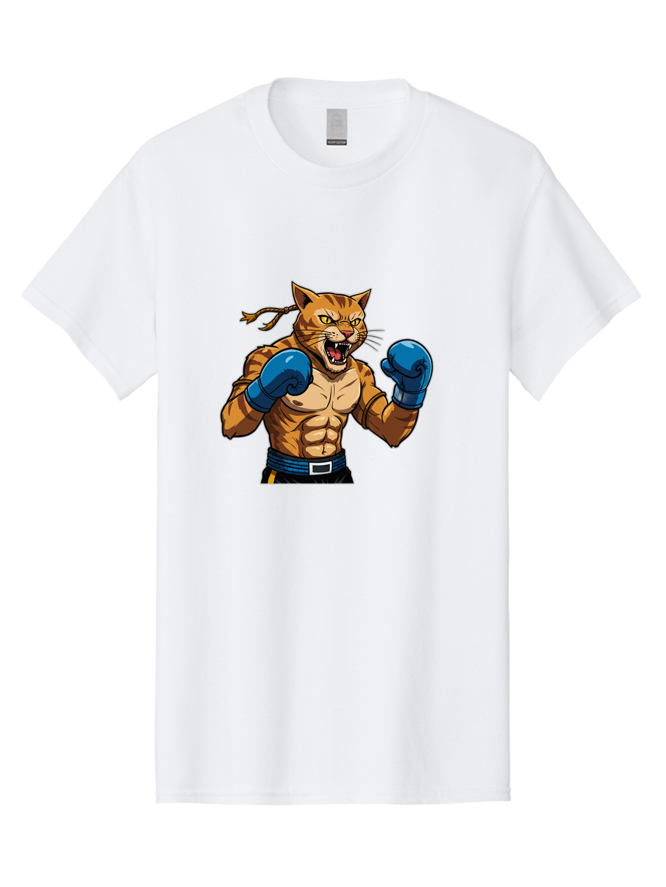 Fighting-Cat Men'S Graphic Tee, 100% Cotton, Comfortable Casual Summer Wear, Machine Washable, Muscular Cat, Boxing Gloves, Anime Style, Aggressive Stance, Fighting Cat, Cartoon Character, Strong Cat, Determined Expression, Braided Hair, Bae447