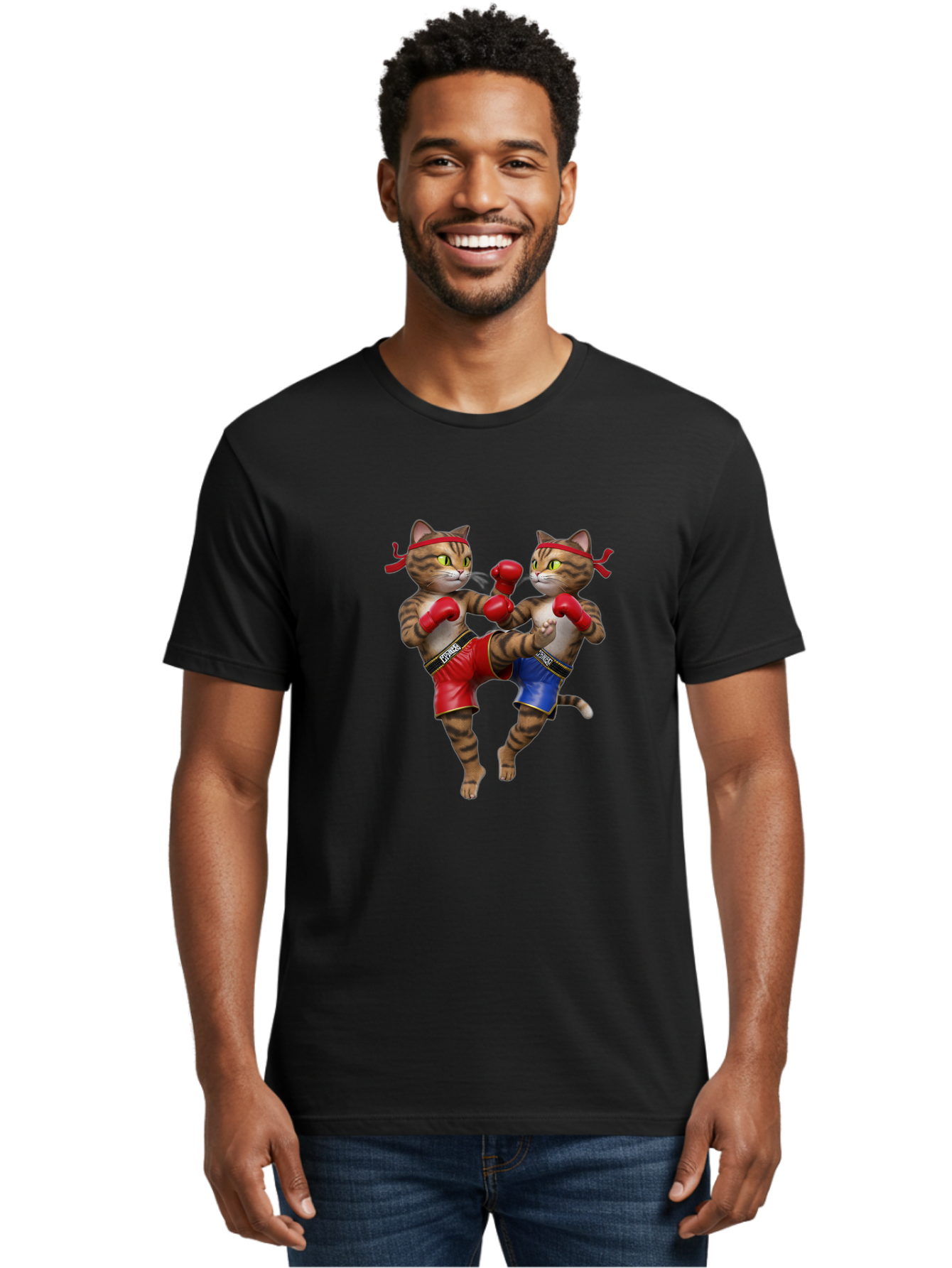 Fighting-Cats Men'S Graphic Tee, 100% Cotton, Comfortable Casual Summer Wear, Machine Washable, Cartoon Cats Boxing, Martial Arts Fight, Red And Blue Boxing Shorts, Red Boxing Gloves, Kofre Brand, Fighting Cats, Cartoon Characters, Bae448