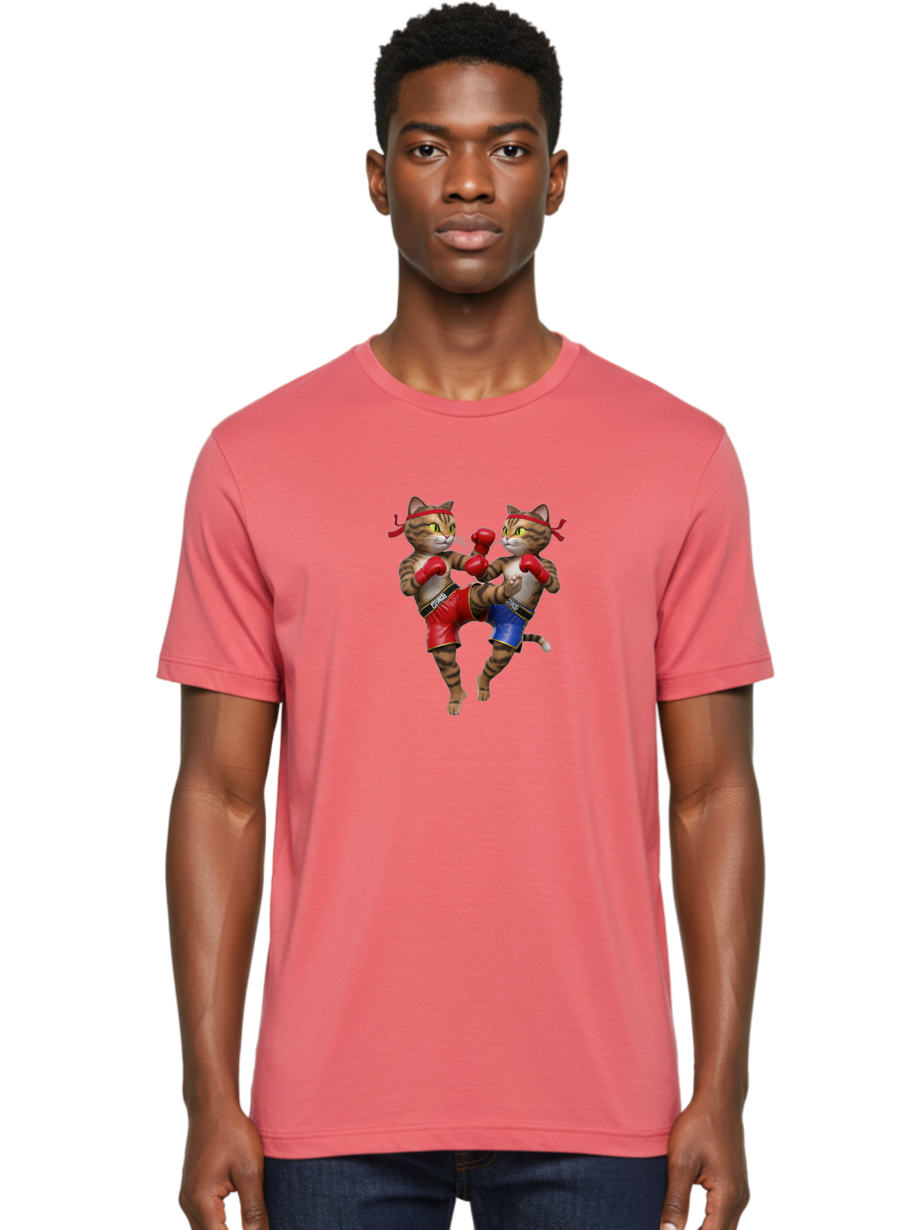Fighting-Cats Men'S Graphic Tee, 100% Cotton, Comfortable Casual Summer Wear, Machine Washable, Cartoon Cats Boxing, Martial Arts Fight, Red And Blue Boxing Shorts, Red Boxing Gloves, Kofre Brand, Fighting Cats, Cartoon Characters, Bae448