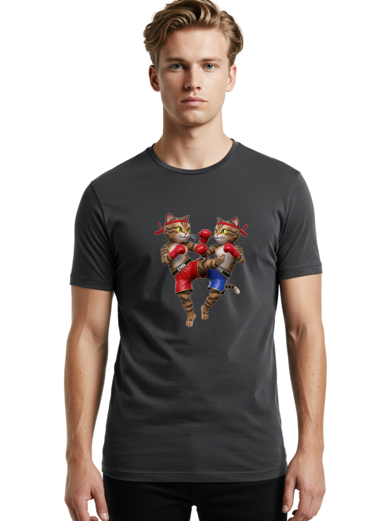 Fighting-Cats Men'S Graphic Tee, 100% Cotton, Comfortable Casual Summer Wear, Machine Washable, Cartoon Cats Boxing, Martial Arts Fight, Red And Blue Boxing Shorts, Red Boxing Gloves, Kofre Brand, Fighting Cats, Cartoon Characters, Bae448