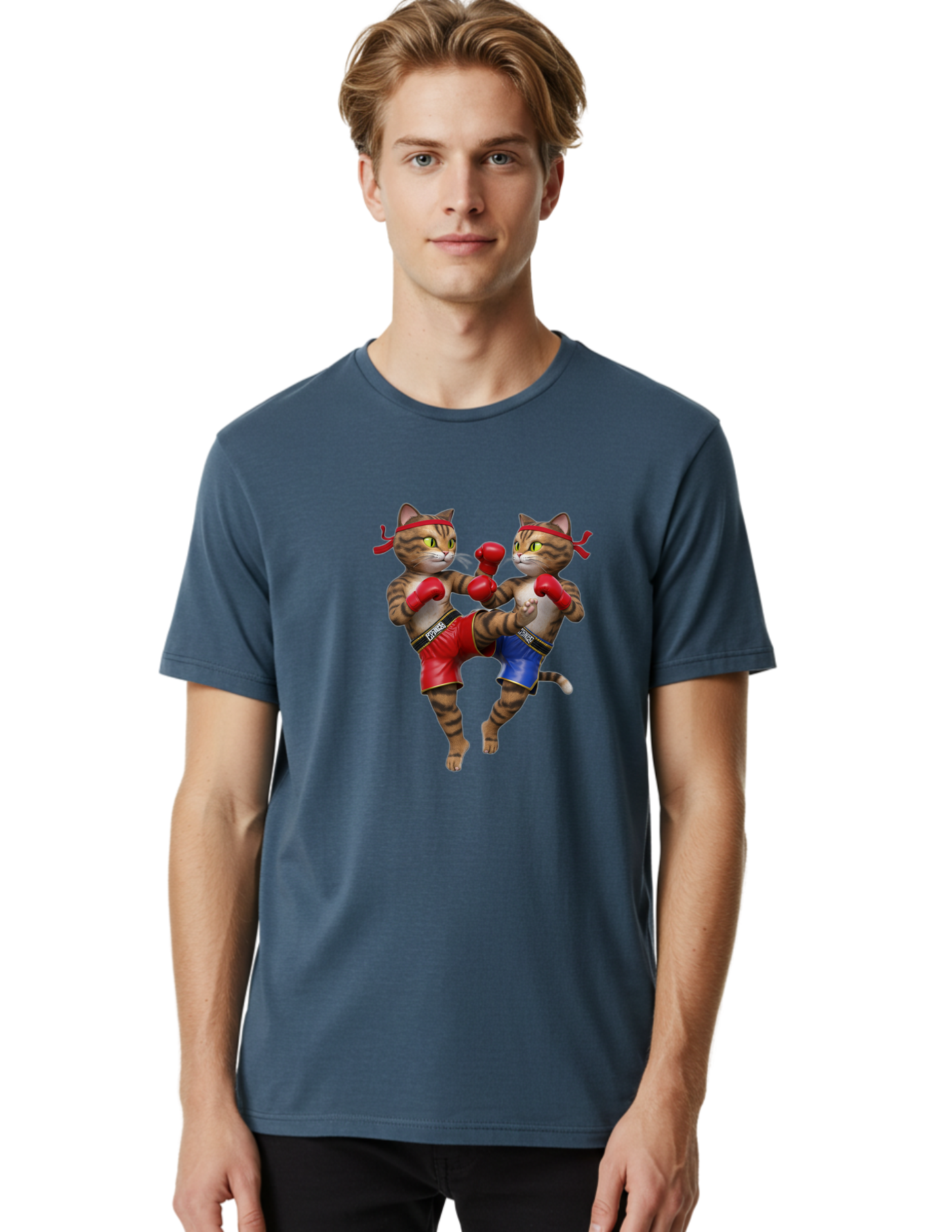Fighting-Cats Men'S Graphic Tee, 100% Cotton, Comfortable Casual Summer Wear, Machine Washable, Cartoon Cats Boxing, Martial Arts Fight, Red And Blue Boxing Shorts, Red Boxing Gloves, Kofre Brand, Fighting Cats, Cartoon Characters, Bae448