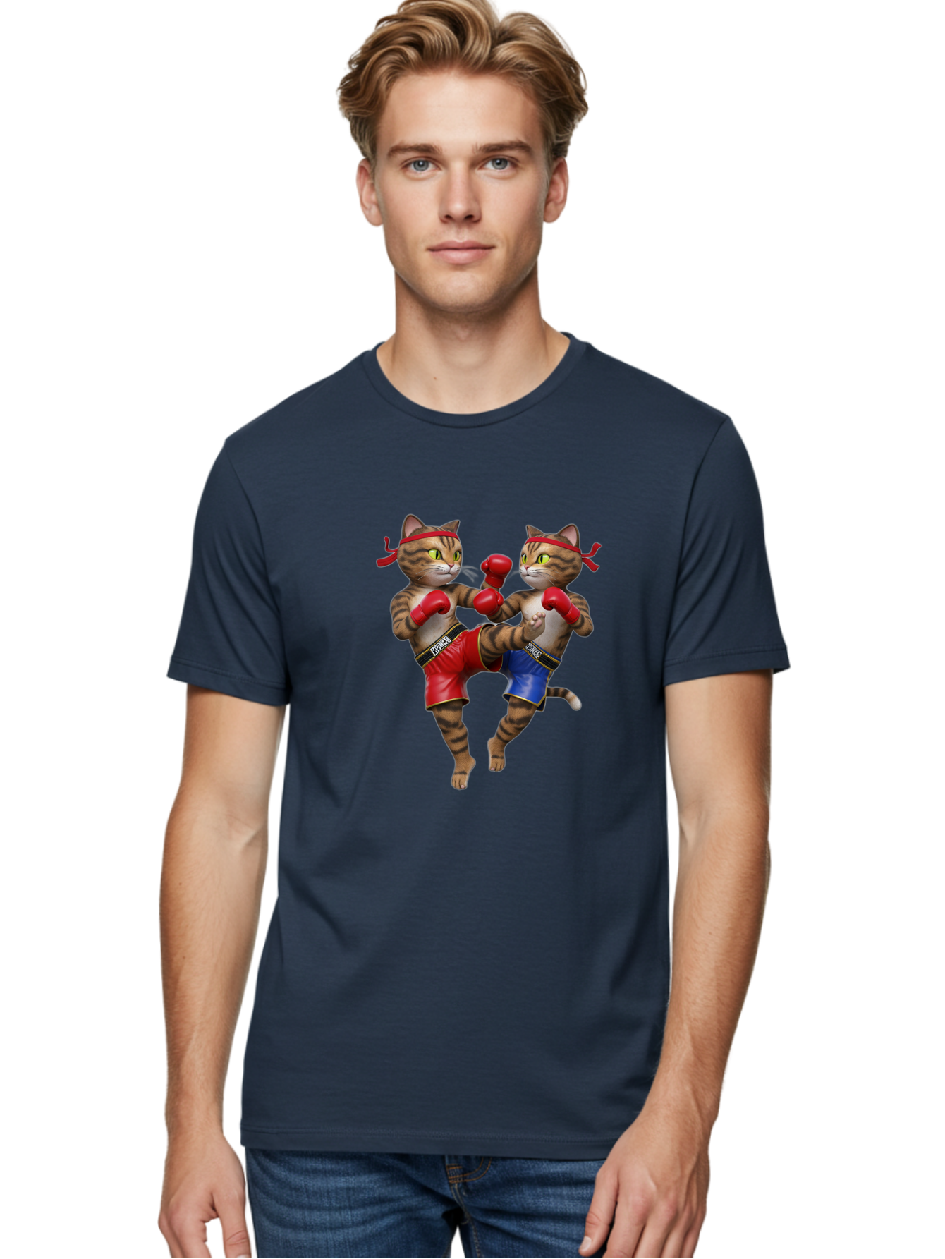 Fighting-Cats Men'S Graphic Tee, 100% Cotton, Comfortable Casual Summer Wear, Machine Washable, Cartoon Cats Boxing, Martial Arts Fight, Red And Blue Boxing Shorts, Red Boxing Gloves, Kofre Brand, Fighting Cats, Cartoon Characters, Bae448
