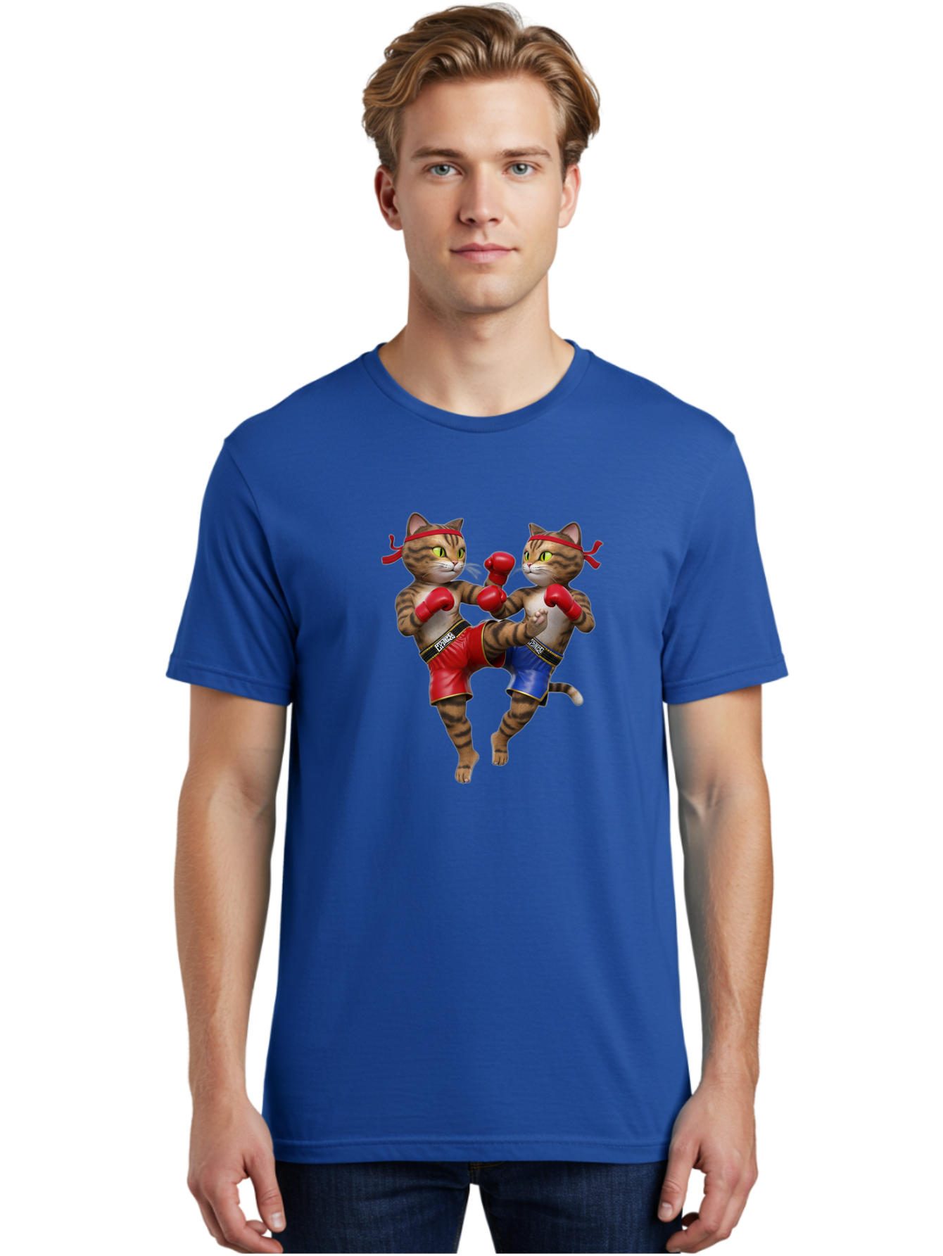 Fighting-Cats Men'S Graphic Tee, 100% Cotton, Comfortable Casual Summer Wear, Machine Washable, Cartoon Cats Boxing, Martial Arts Fight, Red And Blue Boxing Shorts, Red Boxing Gloves, Kofre Brand, Fighting Cats, Cartoon Characters, Bae448