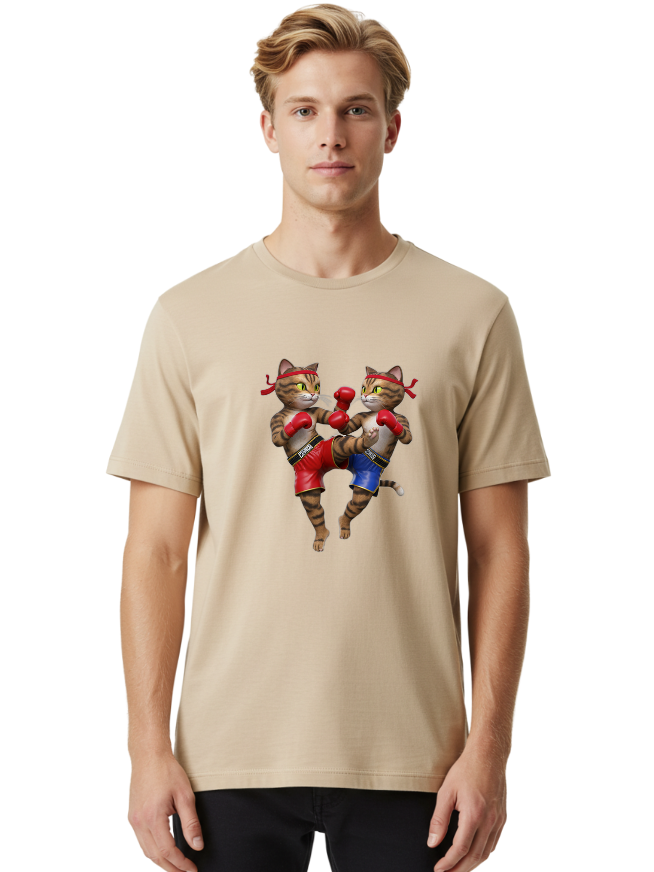 Fighting-Cats Men'S Graphic Tee, 100% Cotton, Comfortable Casual Summer Wear, Machine Washable, Cartoon Cats Boxing, Martial Arts Fight, Red And Blue Boxing Shorts, Red Boxing Gloves, Kofre Brand, Fighting Cats, Cartoon Characters, Bae448