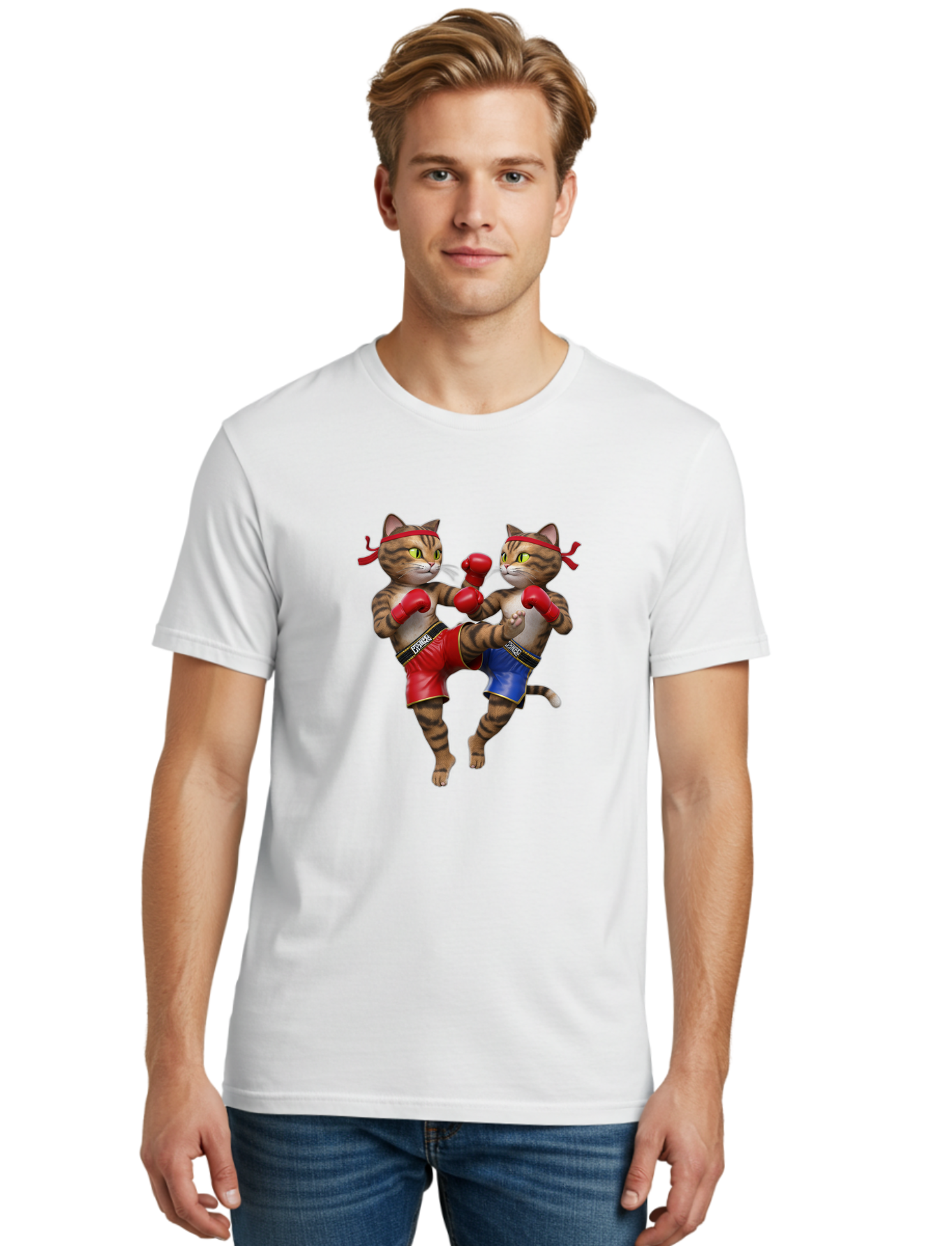 Fighting-Cats Men'S Graphic Tee, 100% Cotton, Comfortable Casual Summer Wear, Machine Washable, Cartoon Cats Boxing, Martial Arts Fight, Red And Blue Boxing Shorts, Red Boxing Gloves, Kofre Brand, Fighting Cats, Cartoon Characters, Bae448