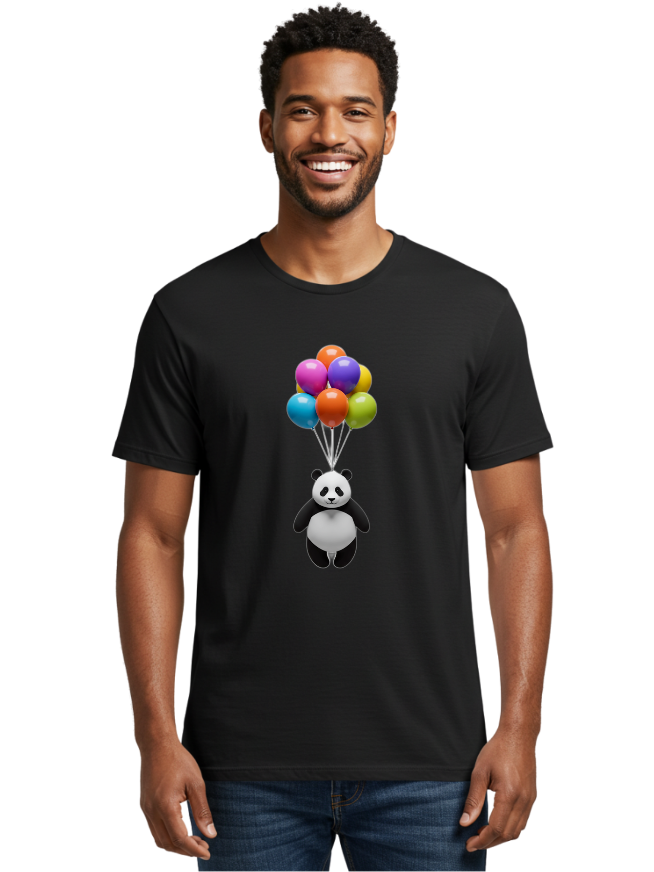 Floating-Panda Men'S Graphic Tee, 100% Cotton, Comfortable Casual Summer Wear, Machine Washable, Cartoon Panda, Floating Panda, Colorful Balloons, Whimsical Design, Cute Character, Playful Illustration, 3D Graphic, Panda Bear, Bae450