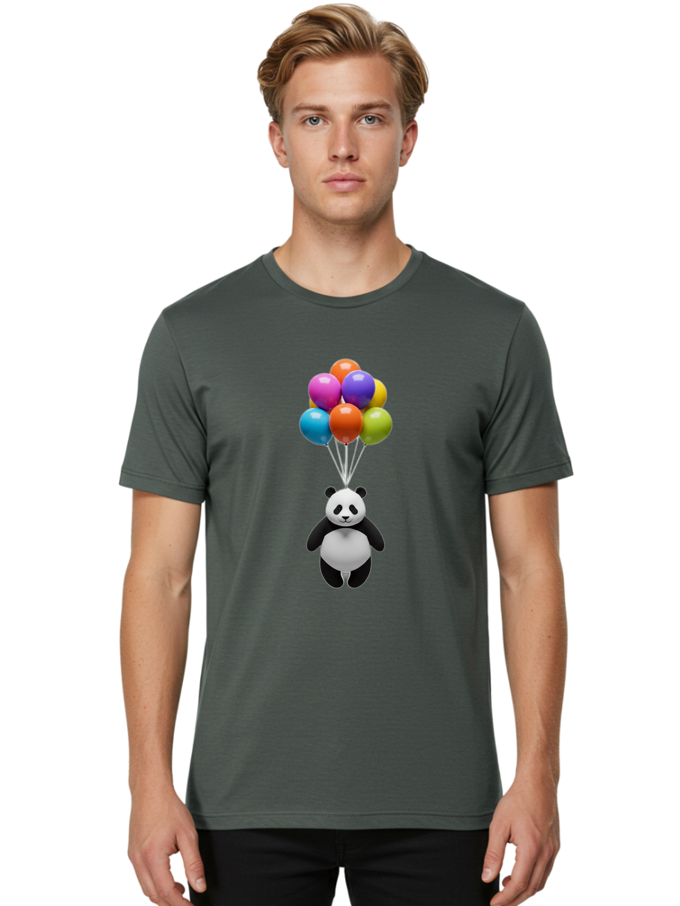 Floating-Panda Men'S Graphic Tee, 100% Cotton, Comfortable Casual Summer Wear, Machine Washable, Cartoon Panda, Floating Panda, Colorful Balloons, Whimsical Design, Cute Character, Playful Illustration, 3D Graphic, Panda Bear, Bae450