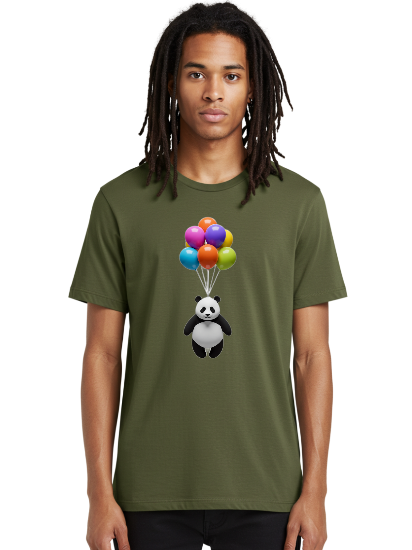 Floating-Panda Men'S Graphic Tee, 100% Cotton, Comfortable Casual Summer Wear, Machine Washable, Cartoon Panda, Floating Panda, Colorful Balloons, Whimsical Design, Cute Character, Playful Illustration, 3D Graphic, Panda Bear, Bae450