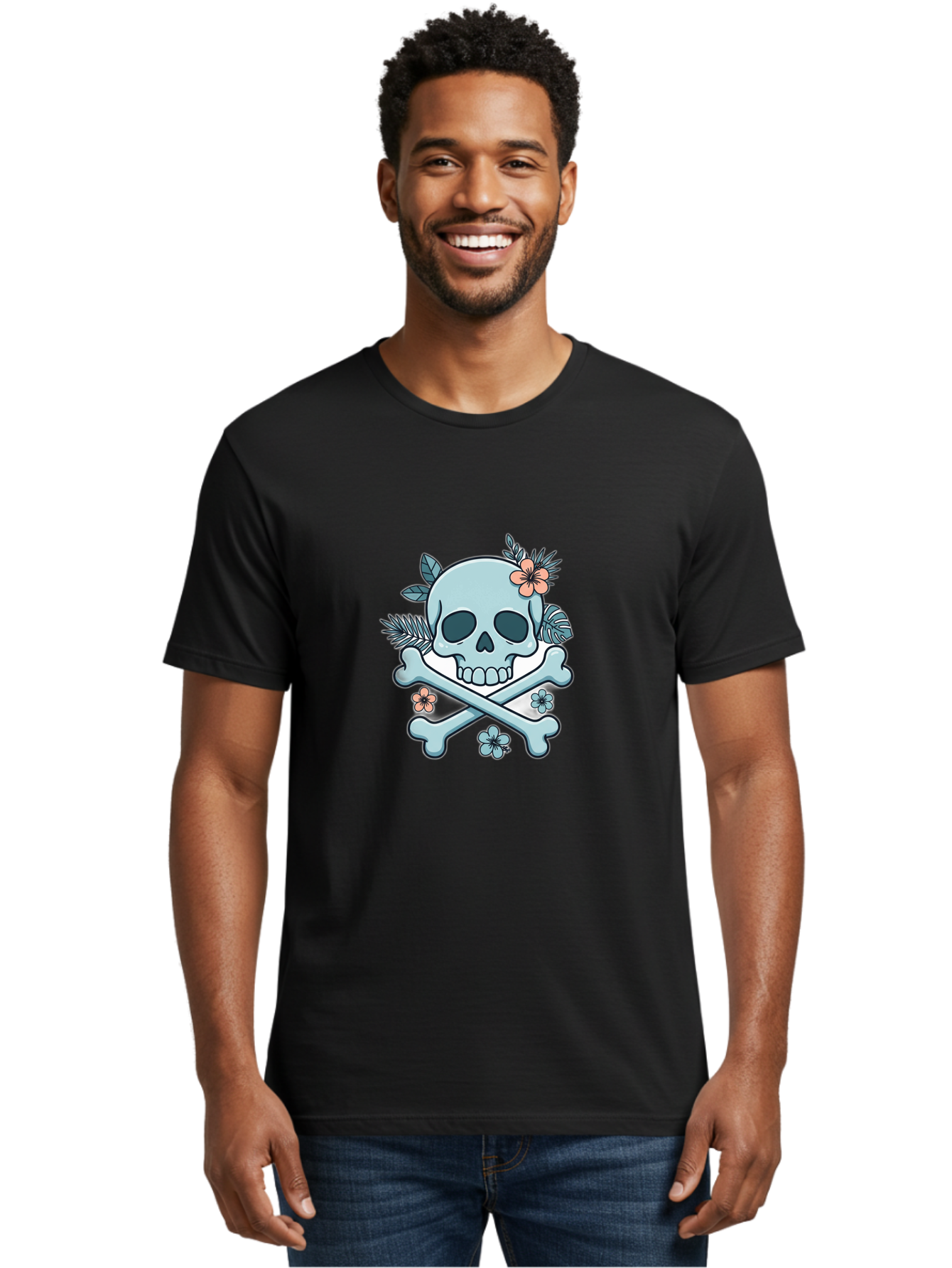 Floral-Skull Men'S Graphic Tee, 100% Cotton, Comfortable Casual Summer Wear, Machine Washable, Skull And Crossbones, Jolly Roger, Pirate Symbol, Floral Design, Colorful Tattoo Art, Gothic Decoration, Crossbones With Flowers, Flower Skull, Bae451
