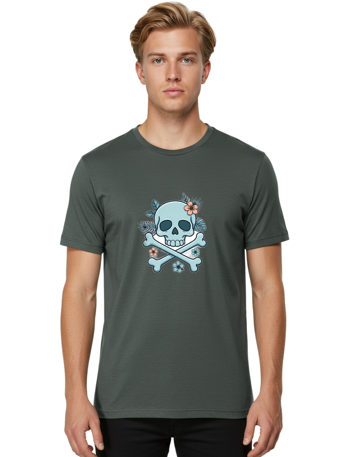 Floral-Skull Men'S Graphic Tee, 100% Cotton, Comfortable Casual Summer Wear, Machine Washable, Skull And Crossbones, Jolly Roger, Pirate Symbol, Floral Design, Colorful Tattoo Art, Gothic Decoration, Crossbones With Flowers, Flower Skull, Bae451