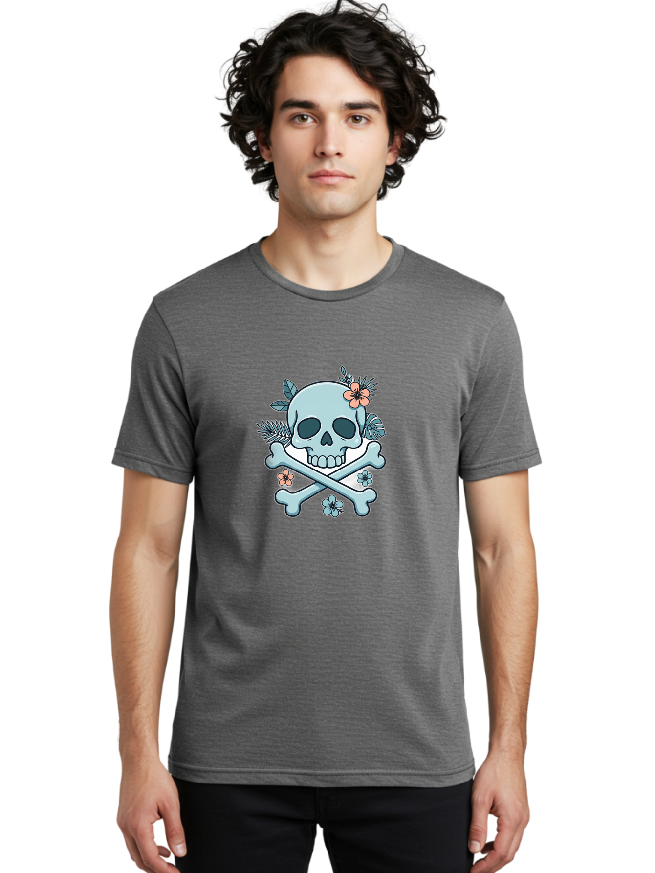 Floral-Skull Men'S Graphic Tee, 100% Cotton, Comfortable Casual Summer Wear, Machine Washable, Skull And Crossbones, Jolly Roger, Pirate Symbol, Floral Design, Colorful Tattoo Art, Gothic Decoration, Crossbones With Flowers, Flower Skull, Bae451