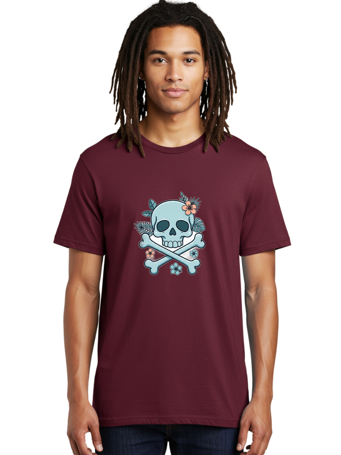 Floral-Skull Men'S Graphic Tee, 100% Cotton, Comfortable Casual Summer Wear, Machine Washable, Skull And Crossbones, Jolly Roger, Pirate Symbol, Floral Design, Colorful Tattoo Art, Gothic Decoration, Crossbones With Flowers, Flower Skull, Bae451
